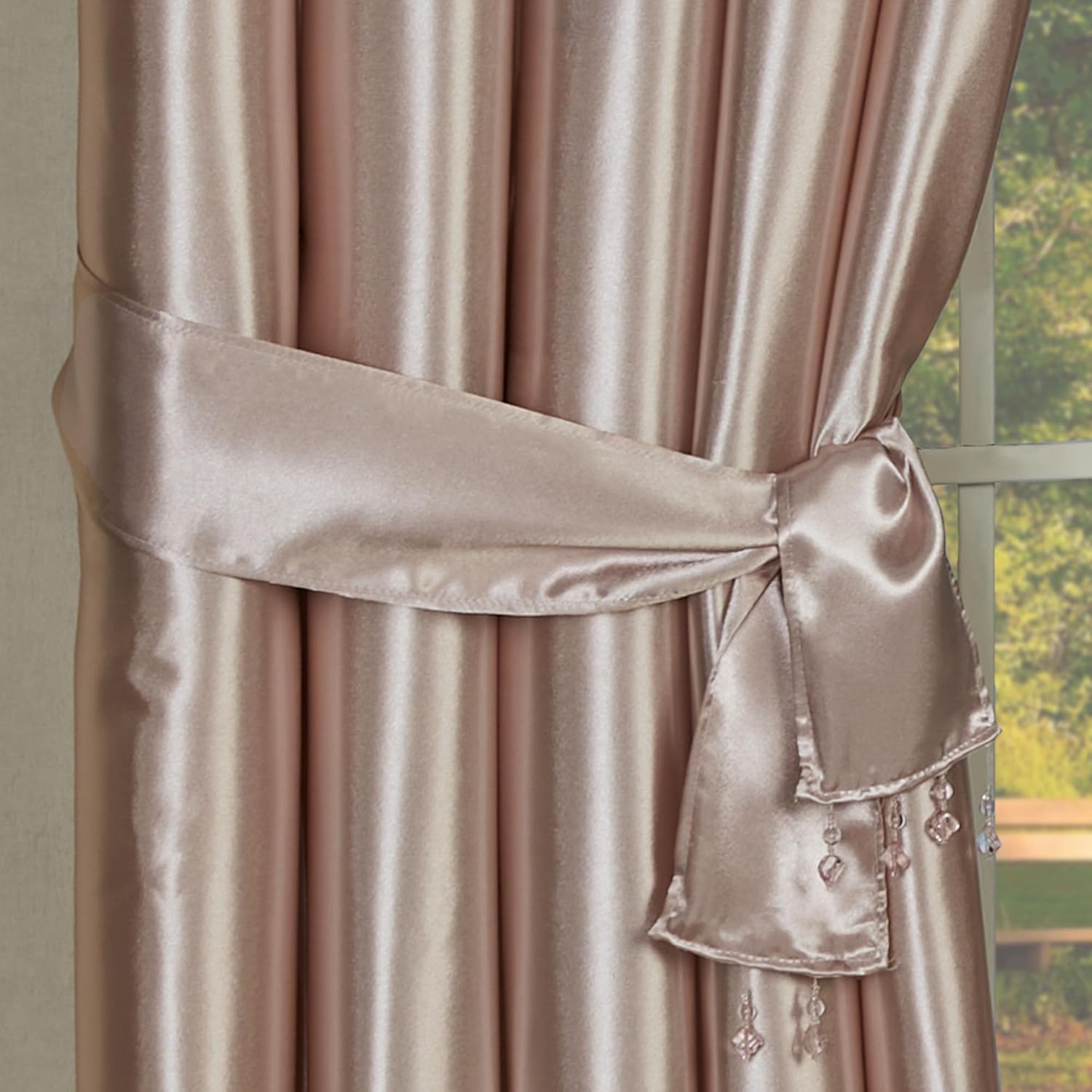Touch of Class Portia Luxury Window Treatment | Soft Rose Quartz | Premier Smooth Polyester Satin 2 Piece Window Drapery Set with Tuck Valance and 96 Inch Long Curtain Pair