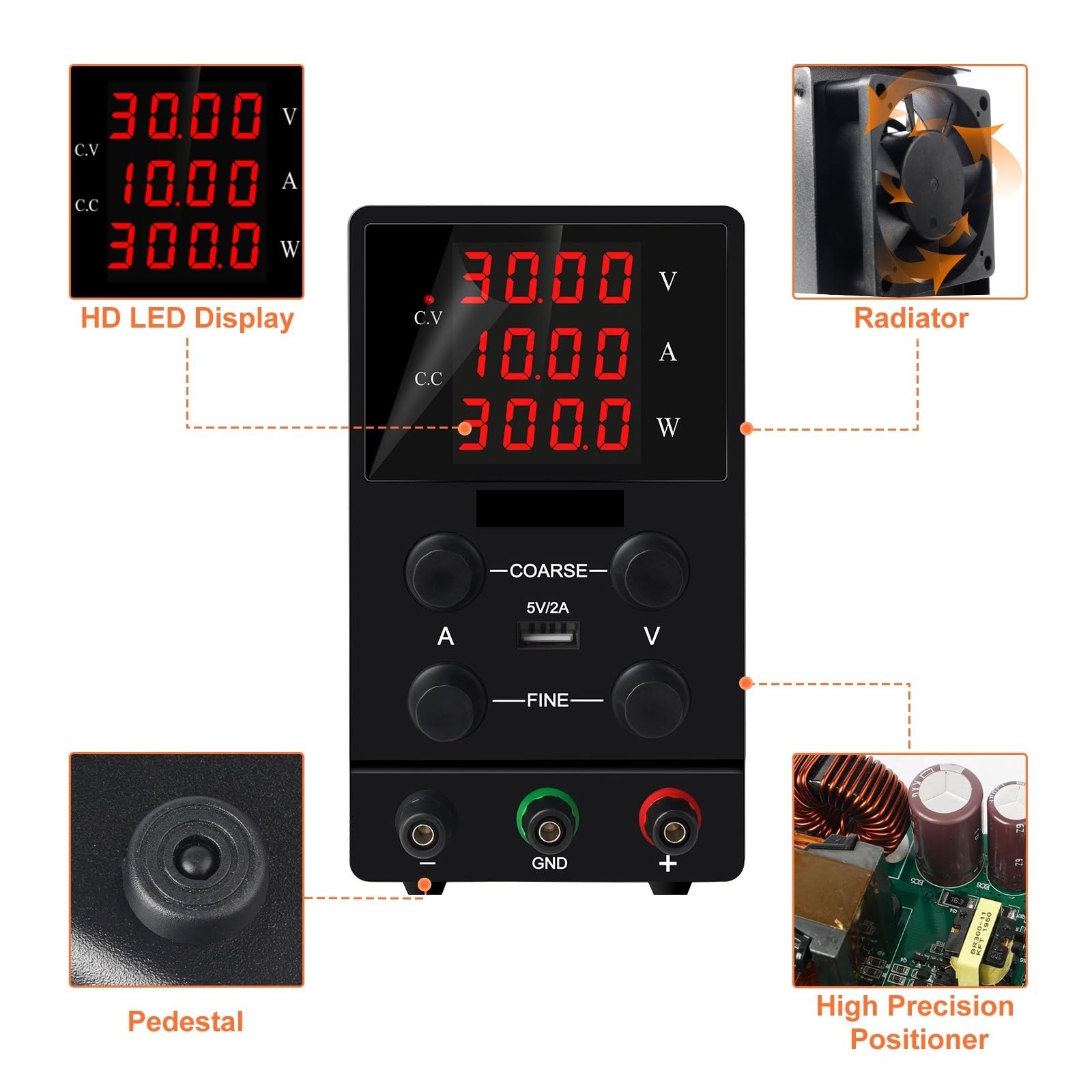 fuente de alimentación conmutada de CC, Fuente de alimentación de laboratorio conmutada AC 220 DC 30V 10A 5A 300W banco de laboratorio ajustable fuentes de alimentación regulador de voltaje USB(120V 3