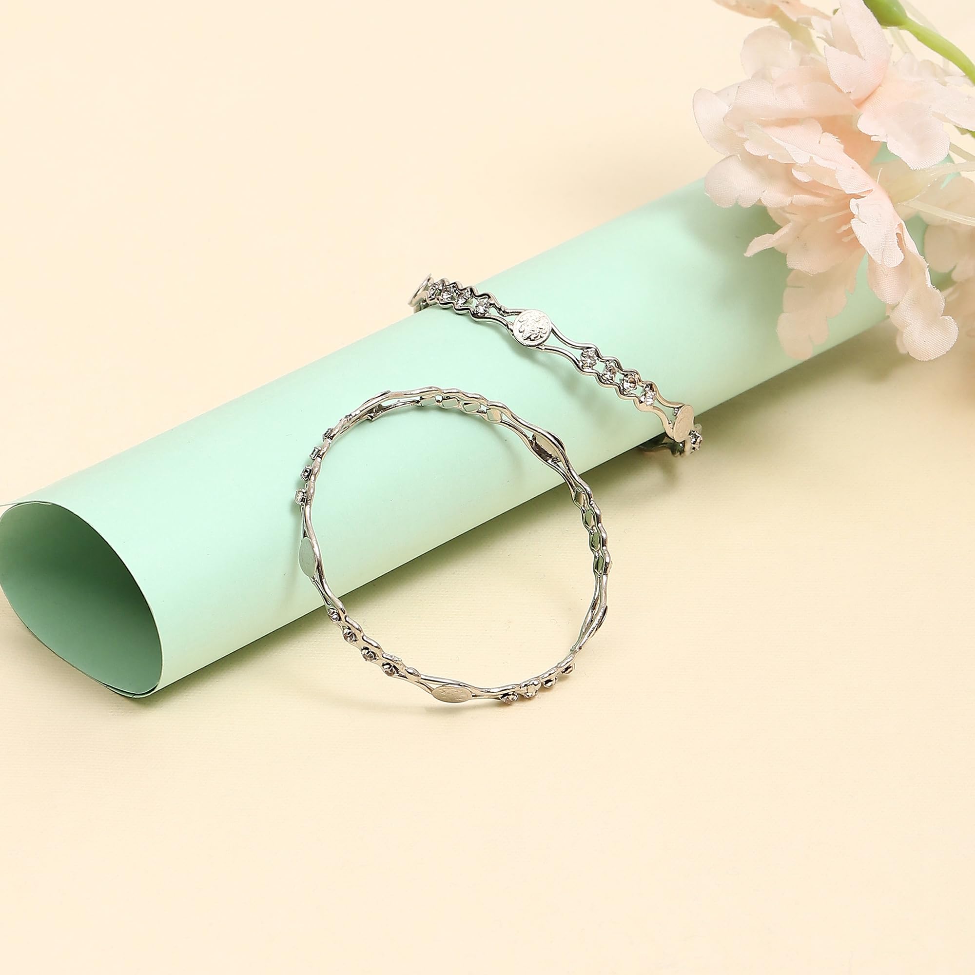 Rose Gold-Plated American Diamond Temple Coin Bangles Set (Silver)