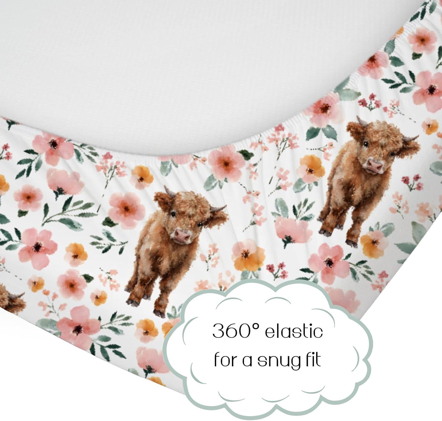 HawSkgFub Highland Cow Floral Boho Fitted Standard Crib Sheet for Baby Girl, Retro Western Farm Animal Yak Flower Toddler Mattress Cover, Soft Stretchy Nursery Bed Sheets Decor Kids Gift 52" x 28"