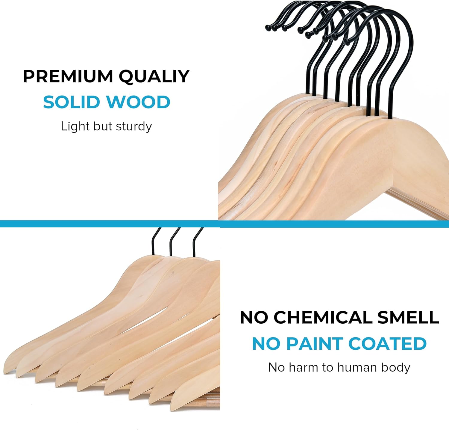 JS HANGER Wooden Coat Hangers, 30 Pack High Grade Wood Suit Hangers with Non Slip Pant Bar - Extra Smooth and Splinter Free, Unvarnished