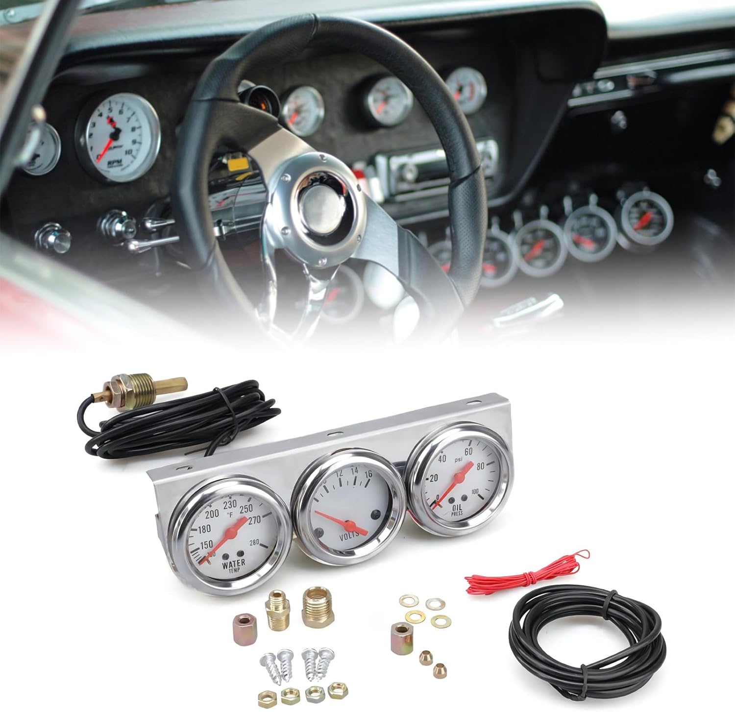 Triple Gauge,Car Triple Gauge 12V 52mm Voltmeter Water Temp Gauge & Oil Press Meter Mechanical Gauge