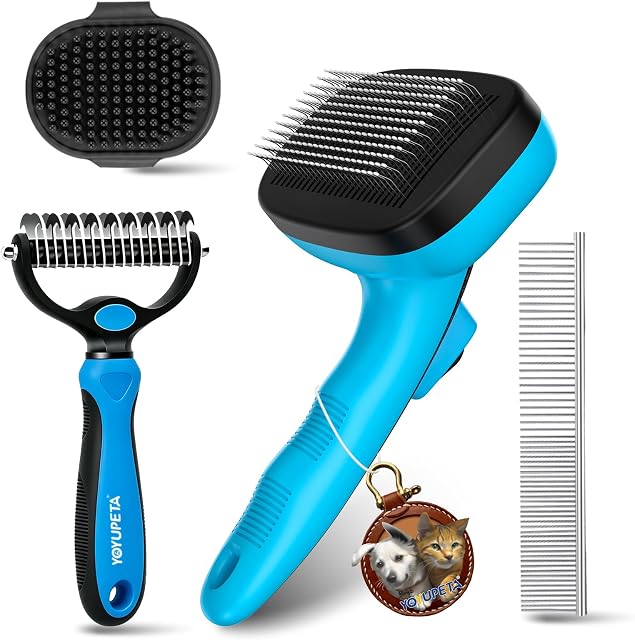4 PCS Brosse pour chien de grooming Kit pour Shedding Chats à cheveux longs, Bleu Adapté à la peau Perles de massage douces; Idéal pour les chiens à cheveux long et les chats; Enlève la fourrure, le sous-poil, les tapis & Cheveux Tangled.
