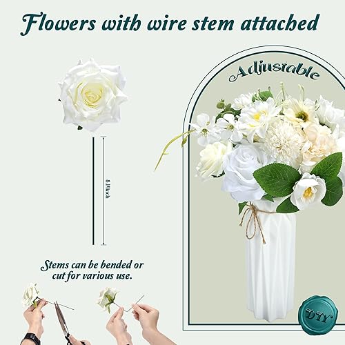 Miniatura 7 de Caja combinada de flores artificiales, mezcla de flores de espuma de seda falsa con tallo de alambre, ramo de novia, boda, fiesta, decoración del