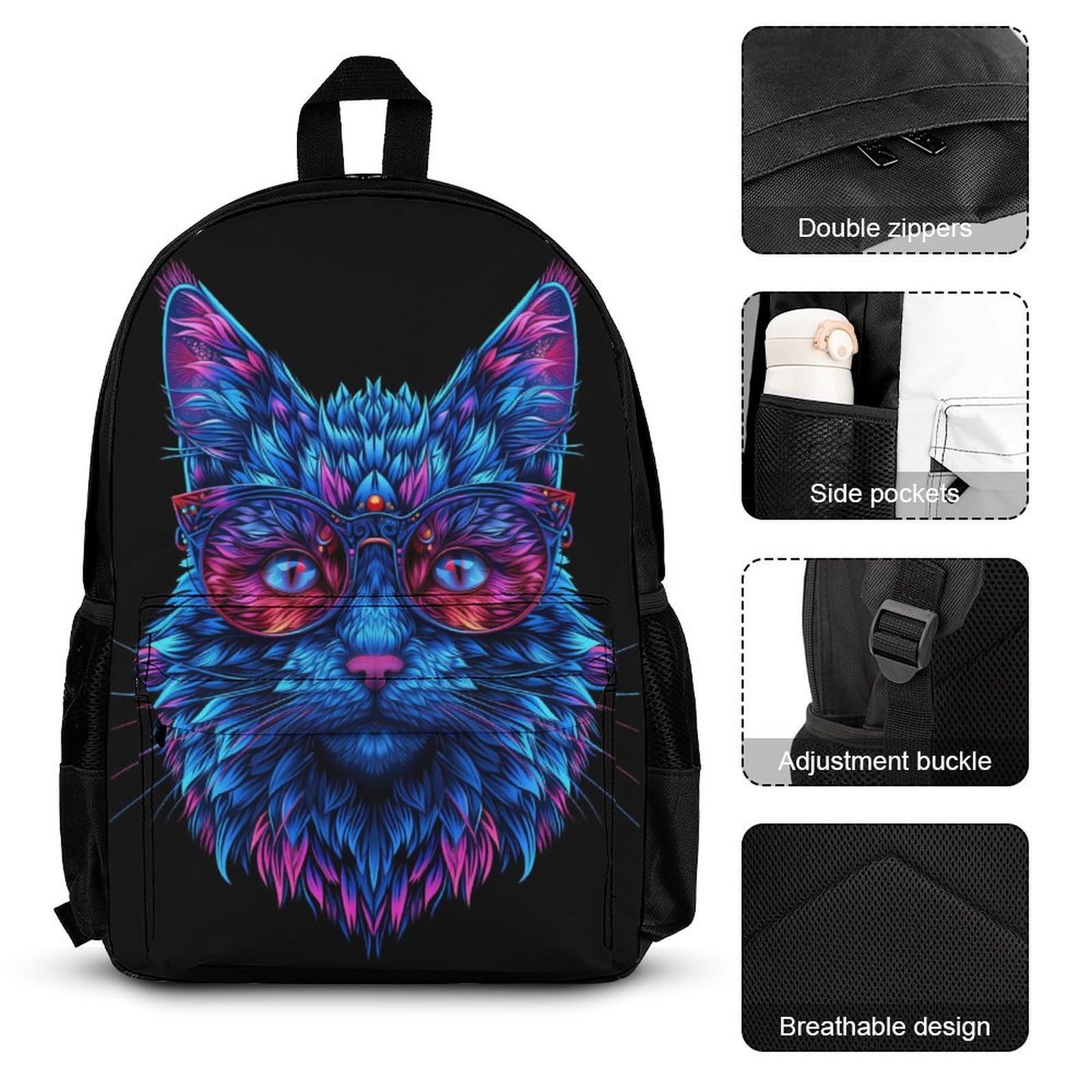 Sac à Dos Chaton Primaire Élèves avec Lunch Bag et Trousse, Ensemble Cartable Chat CP CE1 CE2 pour École Quotidienne