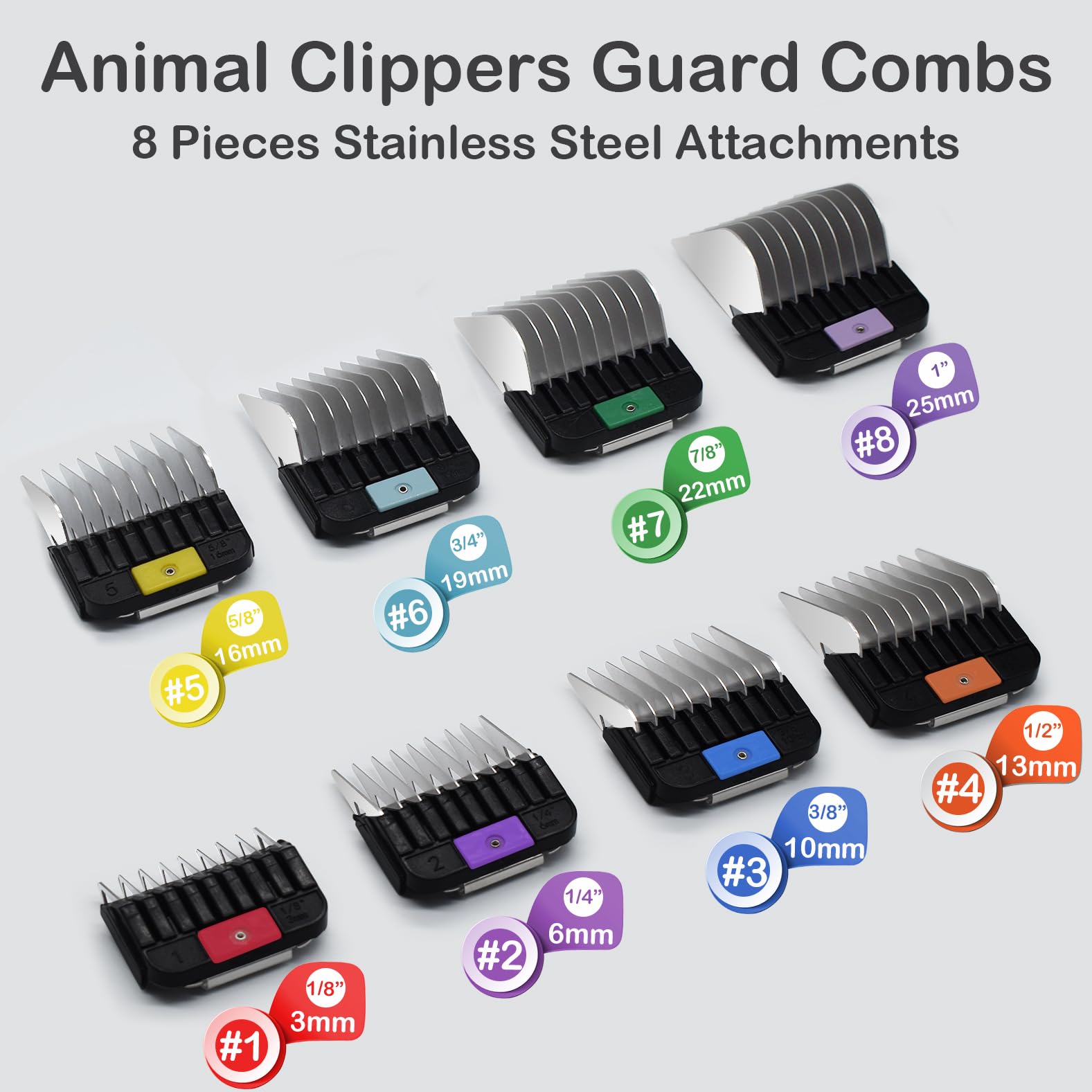 8 Peignes Guides Professionnels en Acier Inoxydable Type A5, 3/6/10/13/16/19/22/25mm, 1/8"-1" Compatibles avec Wahl KM2/5/10, Andis AG/BG, Oster A5/A6 et Tondeuses pour Animaux Type A5