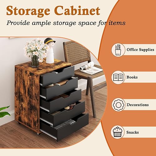 Miniatura 7 de Giantex Cómoda de 5 cajones para almacenamiento de dormitorio, cajón de almacenamiento con ruedas con cerradura, cómoda de maquillaje, organizador