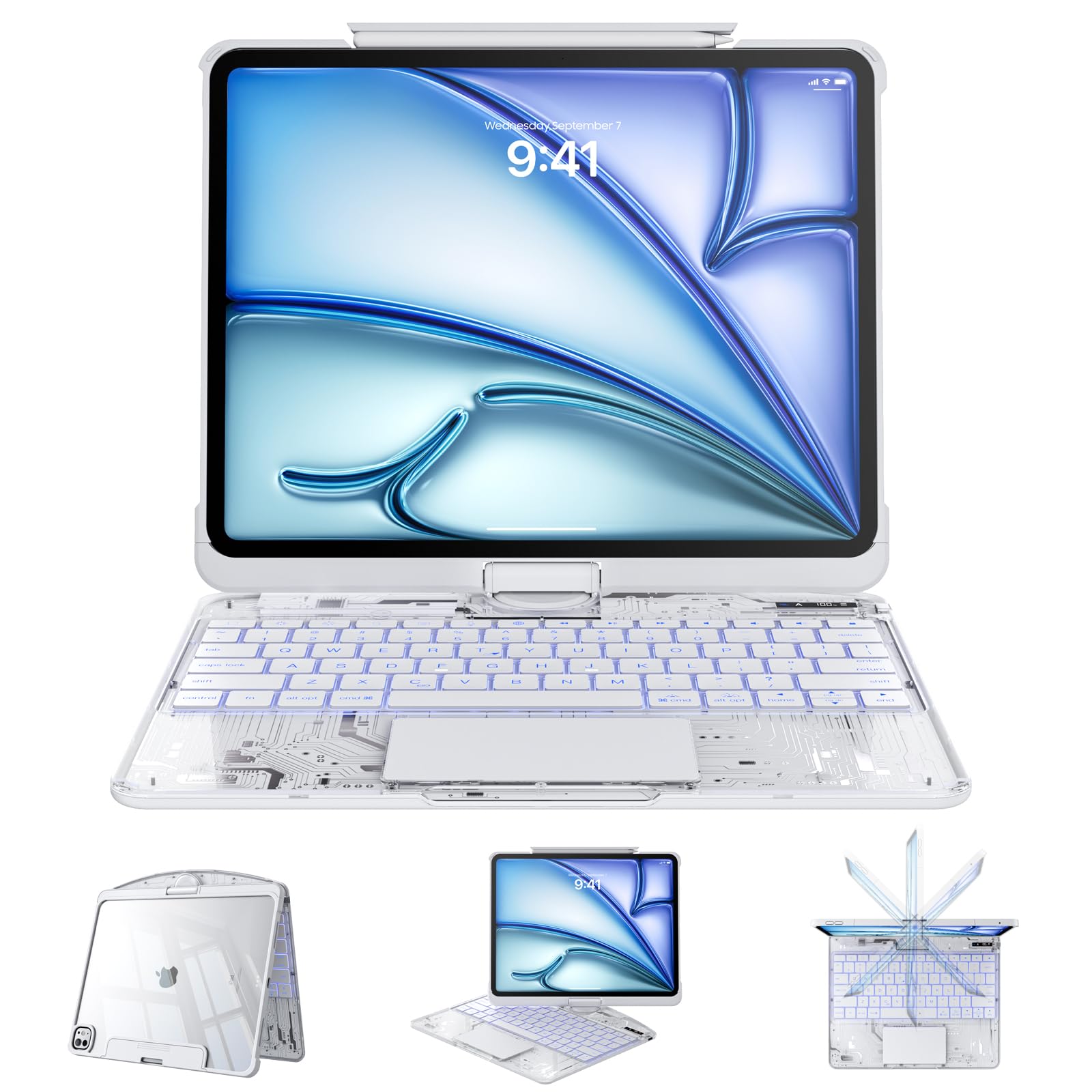 Clear Case with Keyboard for iPad Air 13 Inch (M4/M3/M2, 2026/2025/2024) &amp; 12.9 Pro (3/4/5/6th), 360°+180° Rotating iPad Keyboard, LCD Display, Pencil Holder, 7-Color Backlit, Trackpad, White