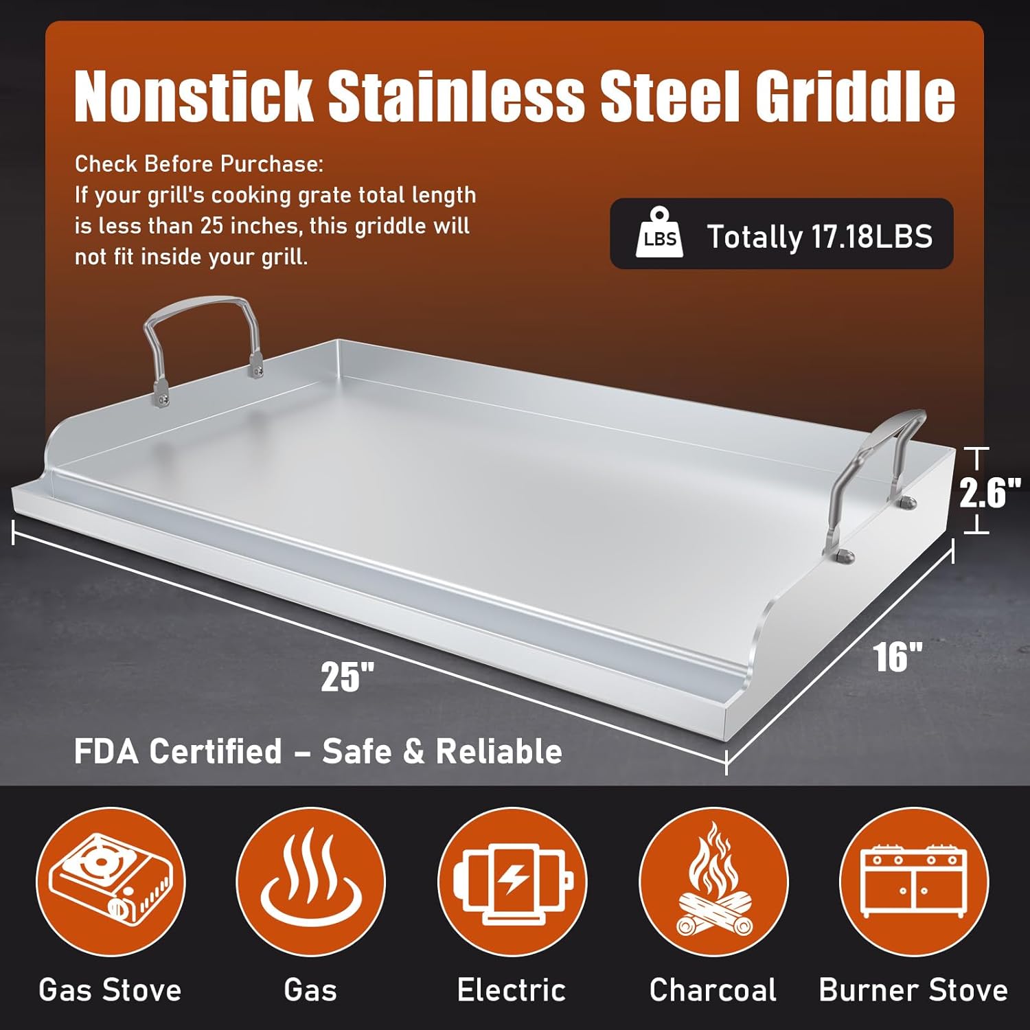 nonstick stainless steel griddle for gas grill nanoceramic universal griddle for gas stove top 25" x 16" flat top plate cooking skillet pan teppanyaki camping outdoor tailgating plancha para cocinar 25" x 16" x 2.9"