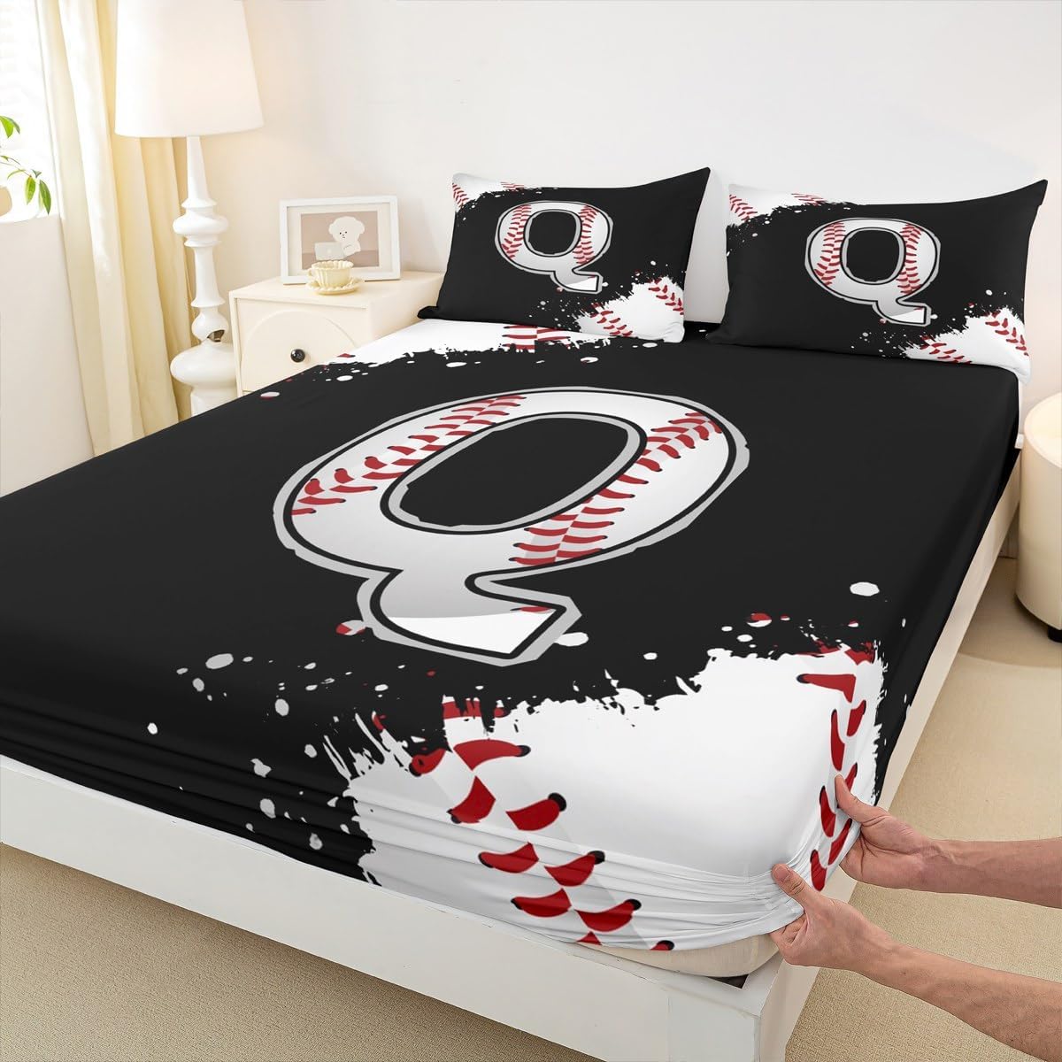 Initial Letter Q Chic Fashion Full Size Fitted Sheet No Top Sheet,Ball Sports Games Competition 3 Pieces Kids Teenager Room Decor Baseball Pocket 2 Pillowcases