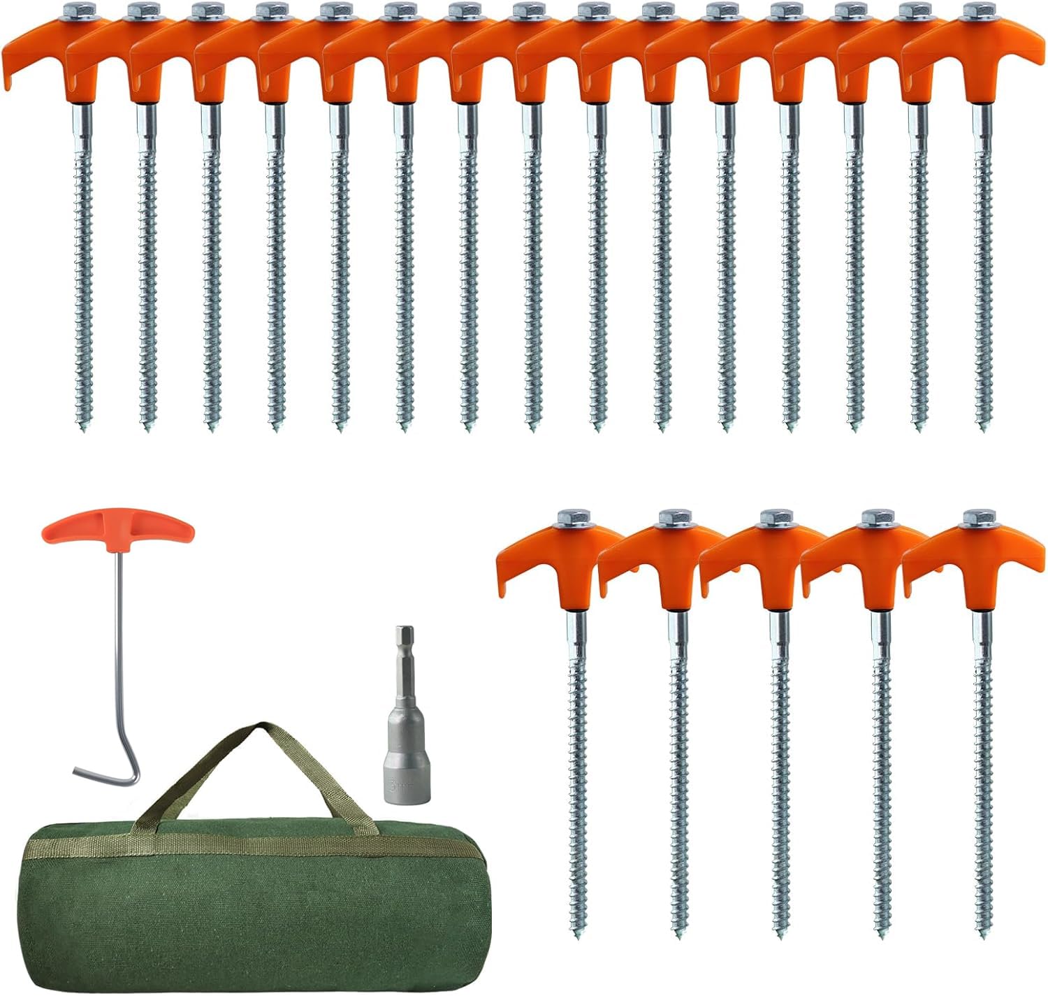 20 Pcs 8inch Heavy Duty Tent Pegs, Hard Ground Pegs, Camping Pegs, Metal metal tent pegs with Storage Case and Bolt Head Adaptor for Camping (Yellow)