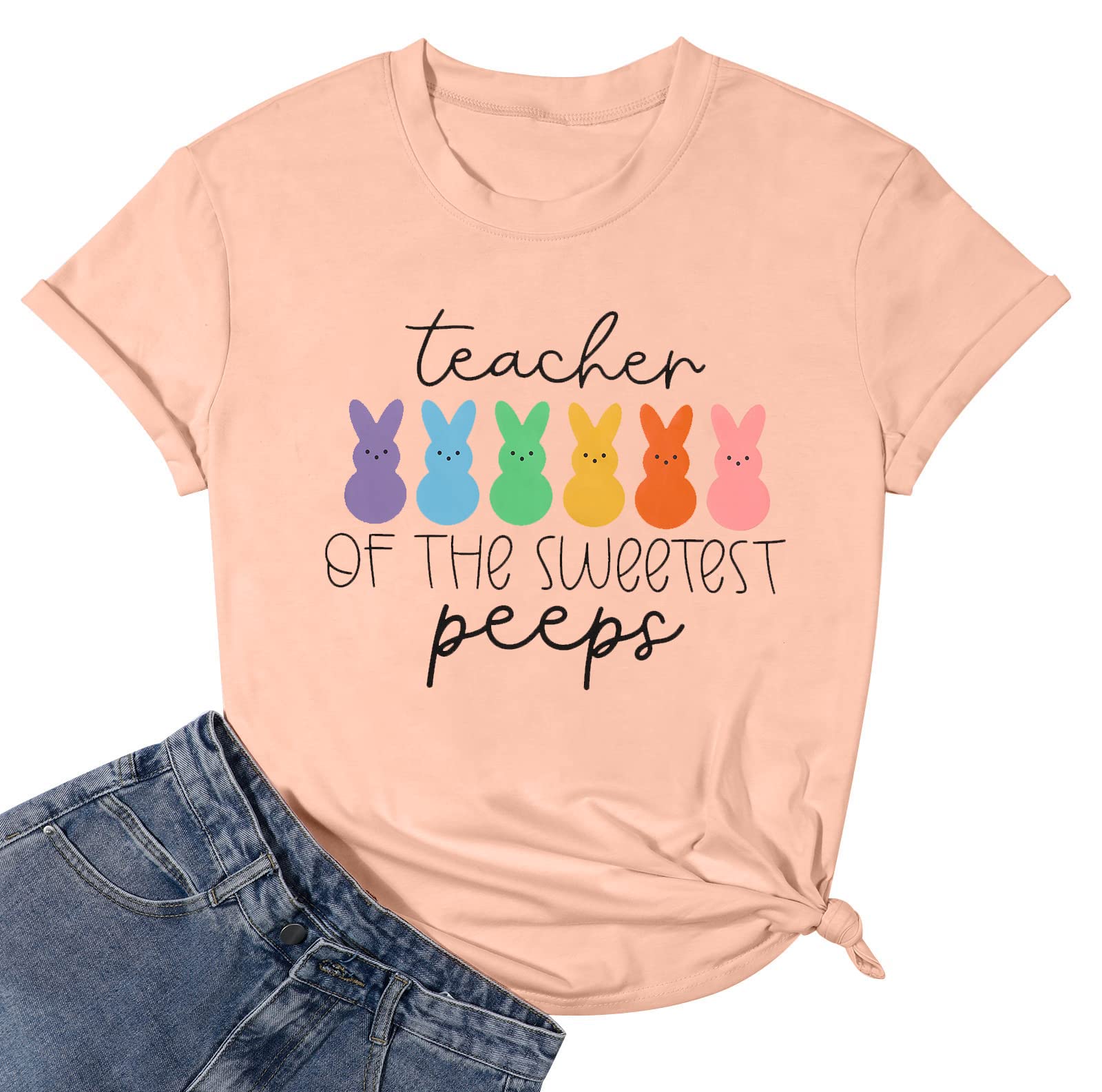 VILOVEEaster Shirt Women Bunny Graphic Tee Funny Teacher Rabbit Casual Letter Print Short Sleeve Tops