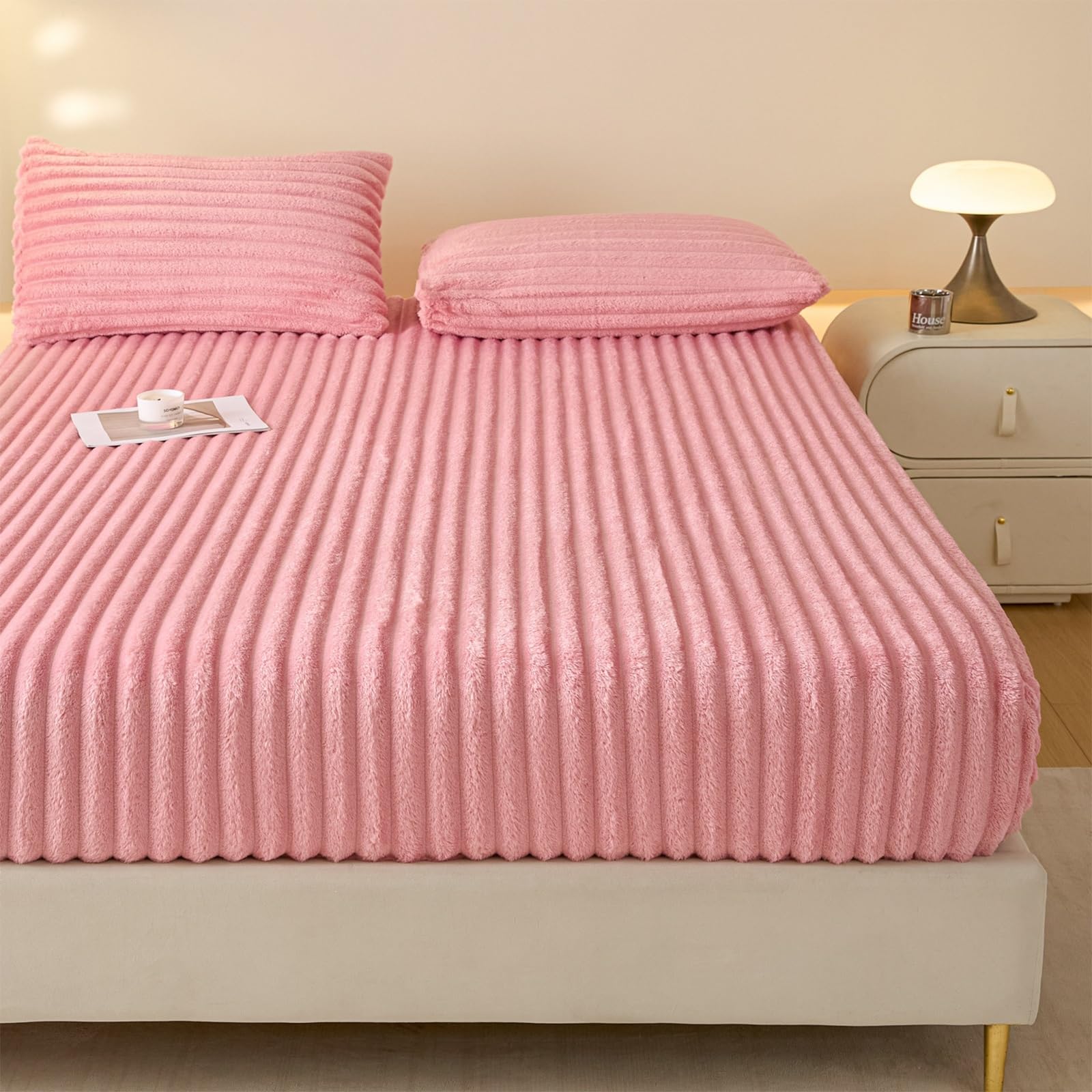 Plüsch Spannbettlaken Cord Bettlaken Winter Leintuch Flauschig Bettbezug Warm Spannbetttücher Spannleintuch Spannbetttuch(Light pink,180x200cm)