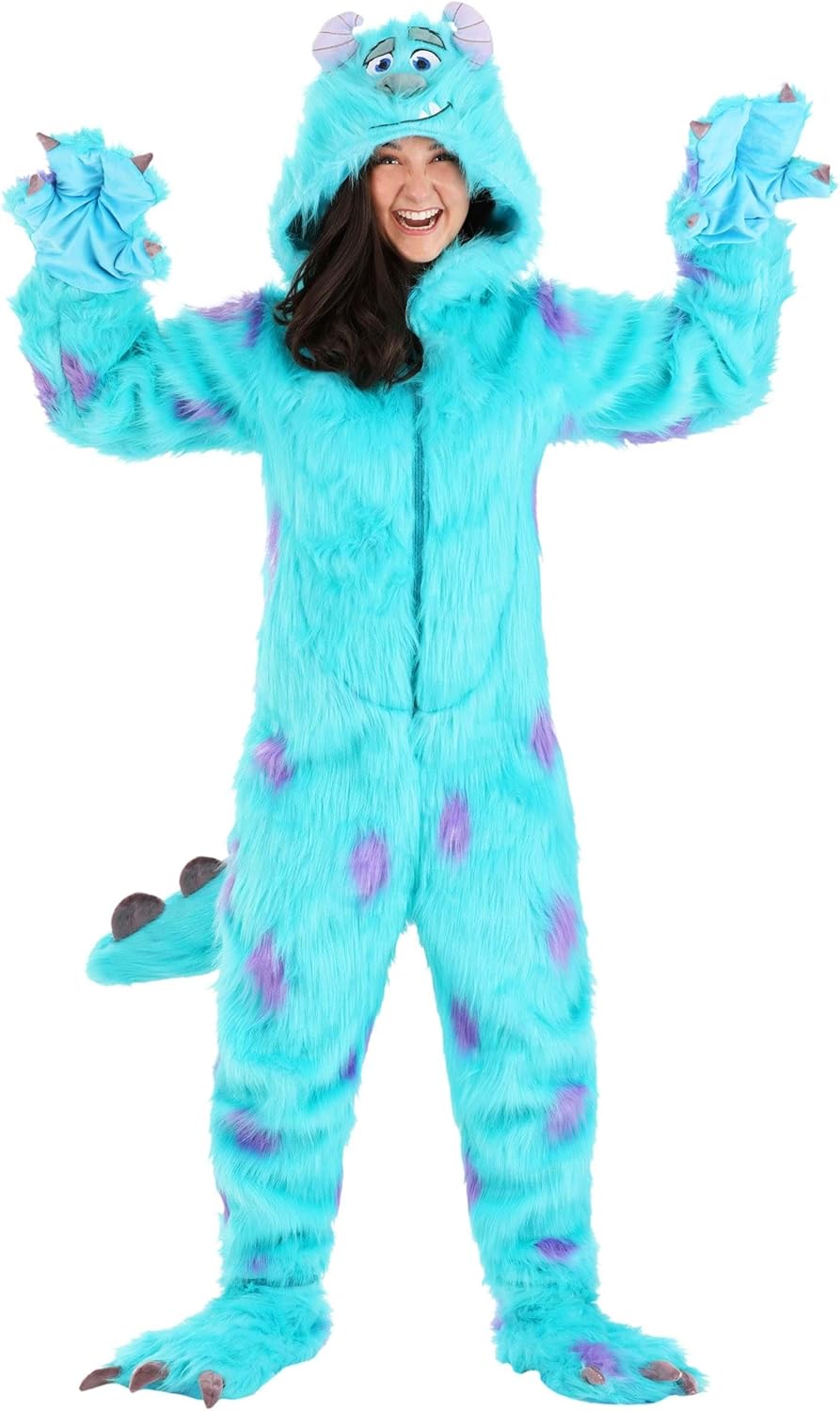 Disney Monsters Inc Sulley Adult Costume with Hooded Jumpsuit, Mitts, Shoe Covers, and Spiked Tail for Halloween