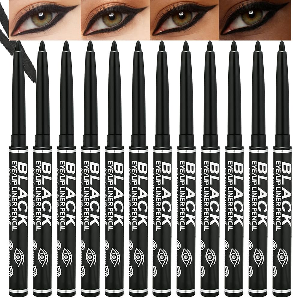 Professional Makeup Retractable Eye Liner, Black, Inner Eyeliner Eye Shadow Eyebrow Pencils (Black - Pack of 12)