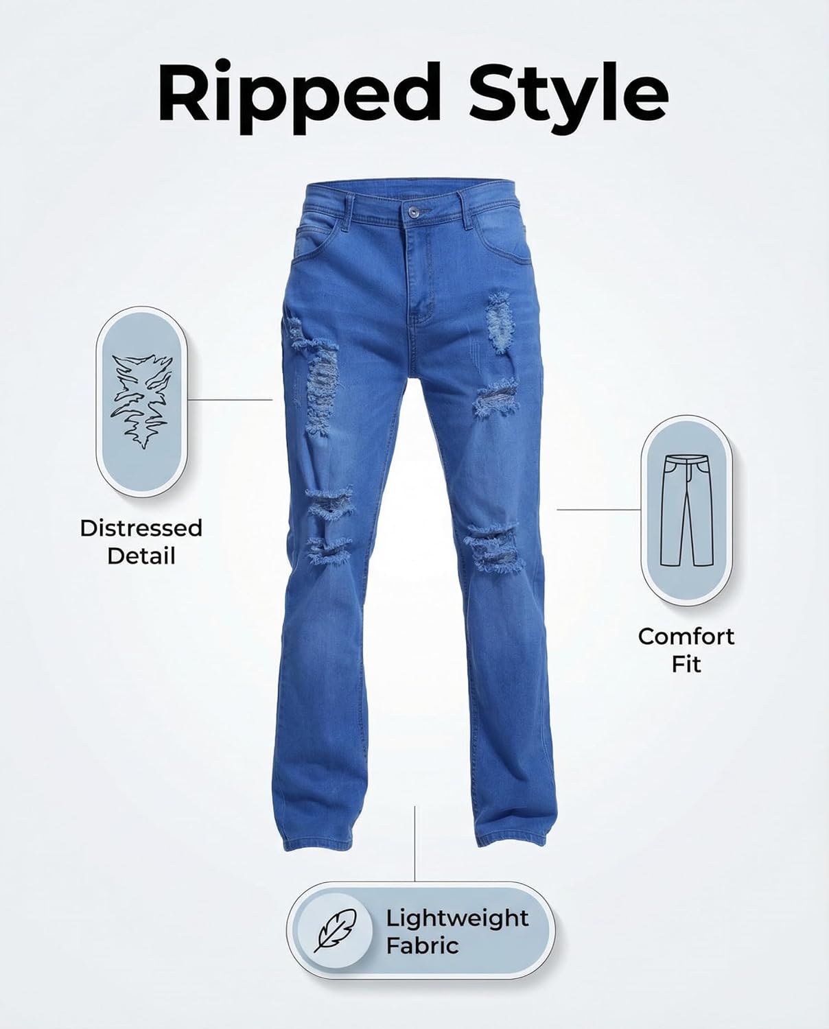 Boncun Men's Slim Fit Stretch Jeans – Comfort Flex Denim Destroyed Ripped Skinny Jeans Side Striped Denim Pants - Image 6