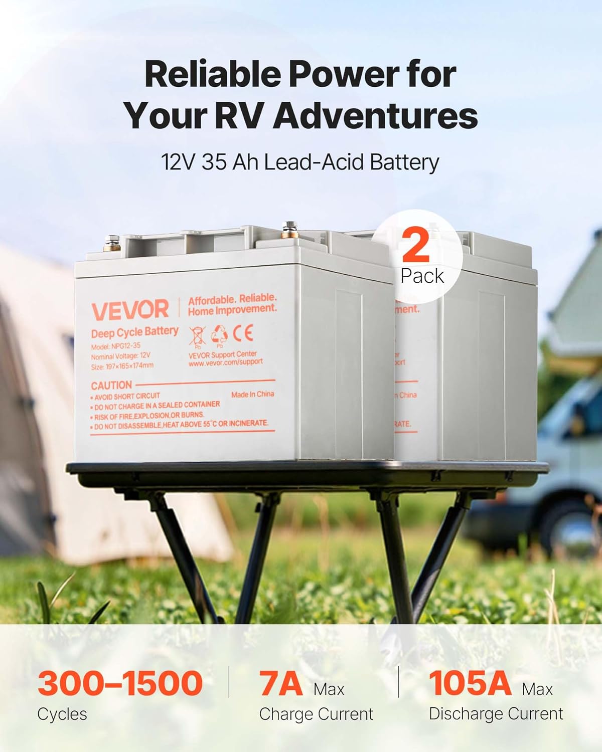 VEVOR 2 Pack 12V 35Ah Deep Cycle Battery, Sealed AGM Technology, Rechargeable Lead Acid AGM Battery, Backup Replacement for Scooters, Mobility Wheelchair, Solar System Off-Grid Home Energy Storage
