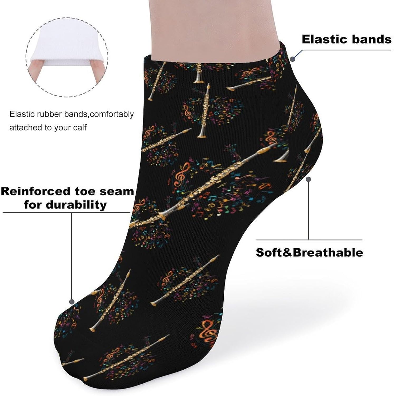 Flute Flutist Musical Note No Show Ankle Socks Low Cut Non Slip Flat Boat Line 5 Pairs Set