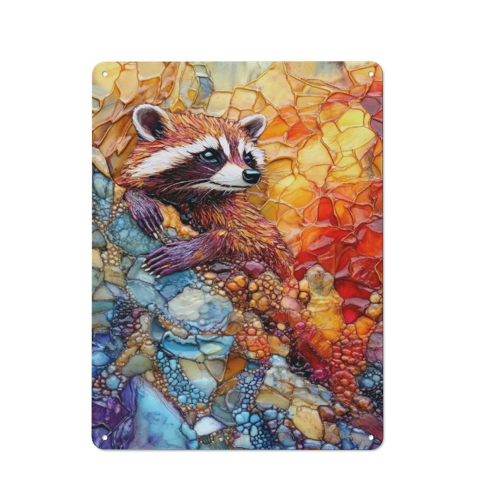 Junmoney Style-21 Rustic Colorful Raccoon Portrait Tin Wall Plaque 40X30cm, Rustic Kitchen Decor For Cottage, Kitchen, Hallway Or Breakfast Nook