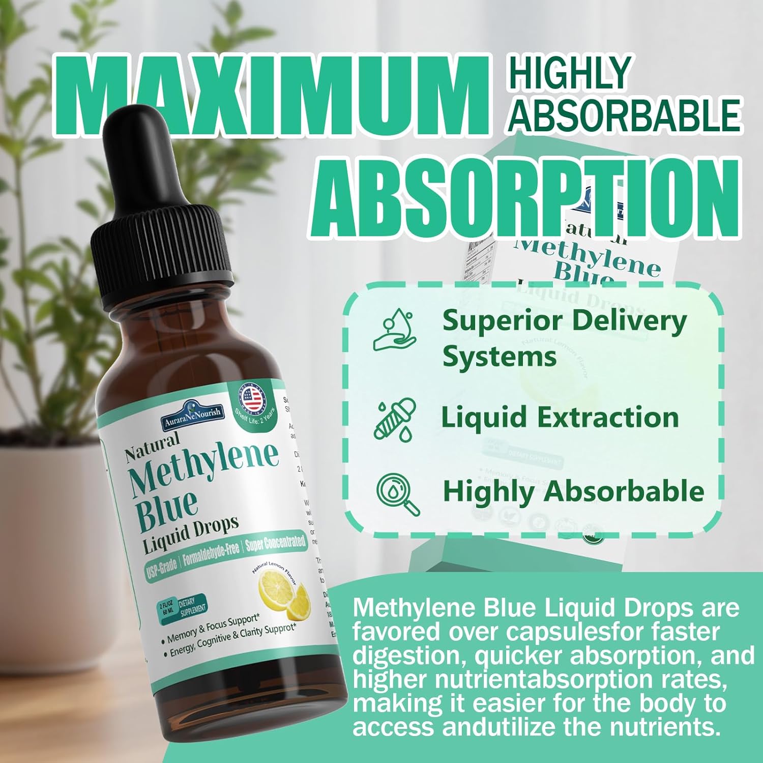 2 Pack Methylene Blue Drops for Humans Pharmaceutical Grade, 11-in-1 Brain Formula w. Vitamin C Ester, Cacao & Phosphatidylserine, Support Cognitive, Memory & Focus, Third Party, Formaldehyde-Free
