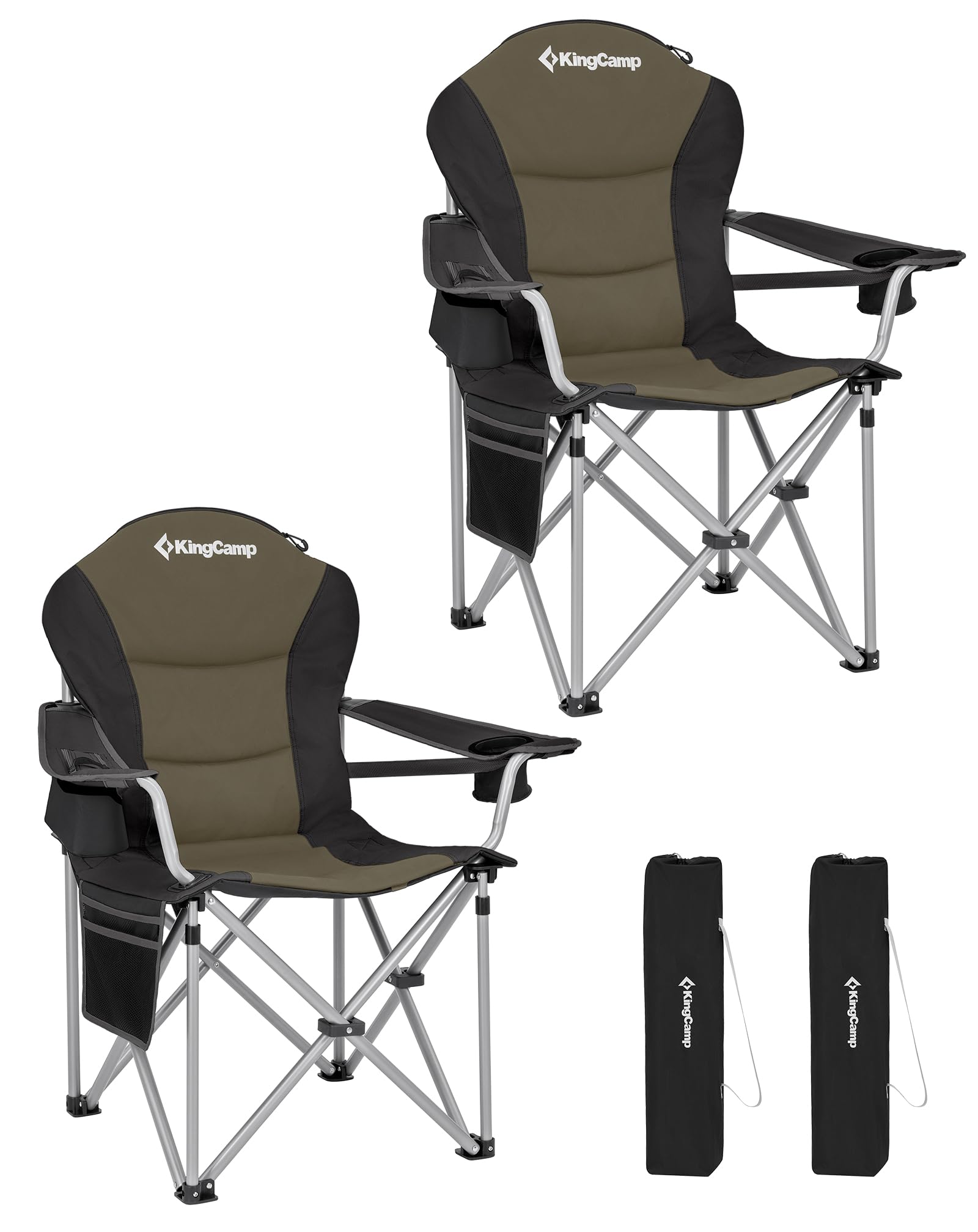KingCamp Folding Camping Chair 250kg XXL Ergonomic Heavy Duty Camping Chair with Adjustable Lumbar Support & Cooler Bag & Armrests, Camping Chairs for Adults for Garden Fishing Beach Festival Outdoor