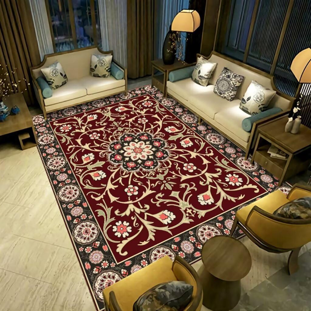 Tapis de couloir géométrique rouge pour animer l'entrée de votre salon