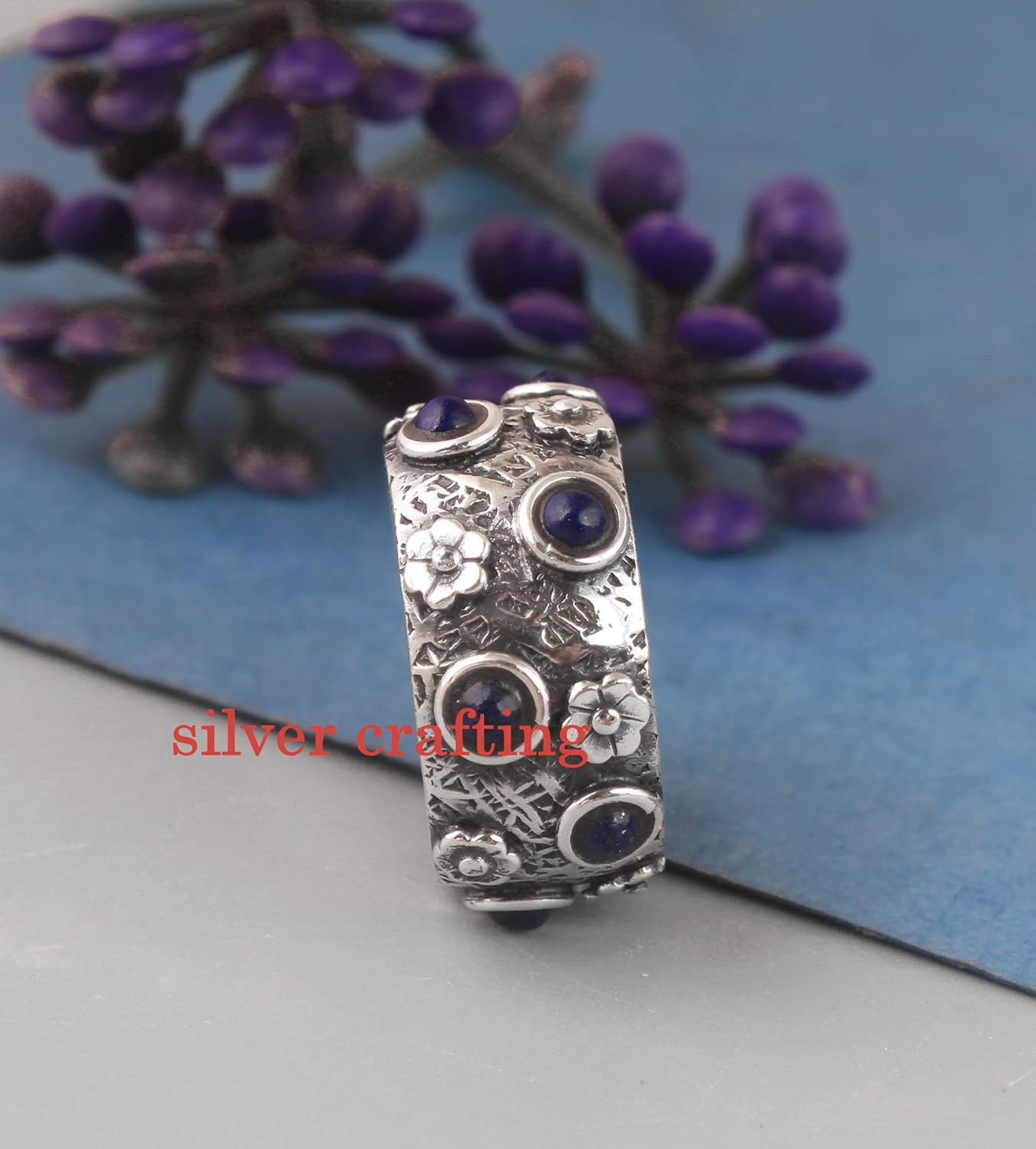 Lapis Lazuli Round Stone Handmade Ring Lapis silver Jewelry For Women Blue Stone silver Ring