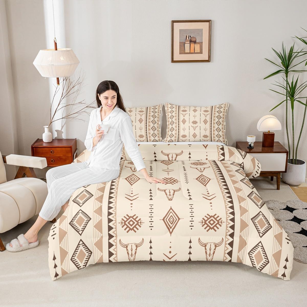 Erosebridal Bohemian Aztec Comforter Set Queen Size, Western Bull Skull Bedding Set for Girls Boys Women Men Bedroom, Geometric Farmhouse Down Comforter, Southwestern Native Quilt - Image 5
