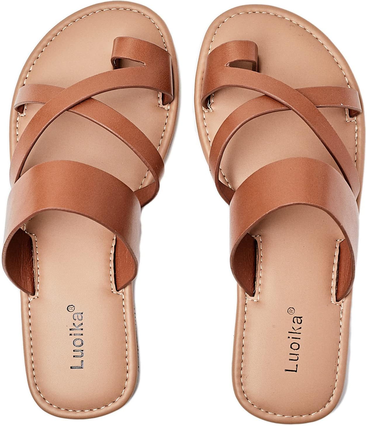 Luoika Women's Wide Width Flat Sandals, Flip Flop Slides Sandal Casual Strapy Sandal Slip on Summer Beach Shoes for Women.