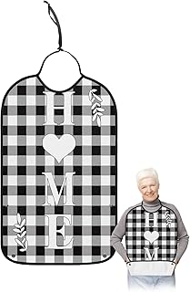 BOBOWUNY Farmhouse Love Heart Home Adult Bibs for Elder Women Men Eating, Black and White Plaid Waterproof & Washable Bibs for Eating Clothing Protector Dining Bibs for Crumb Catcher