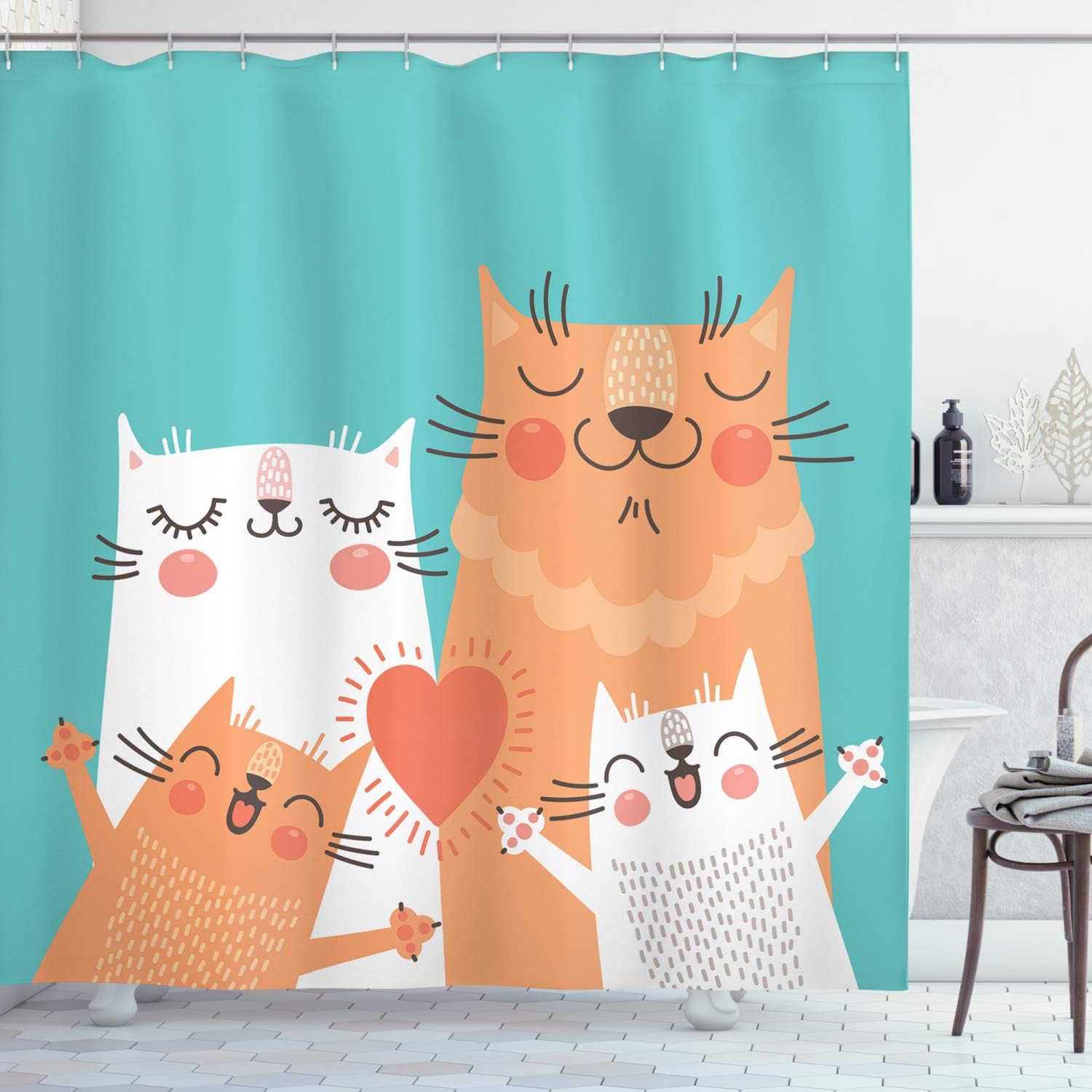 Ambesonne Funny Shower Curtain, Kitten Couple Happy Paws Loving Heart with Family Cats Poster Style Animal, Cloth Fabric Bathroom Decor Set with Hooks, 69" W x 70" L, Cadet Blue White Orange