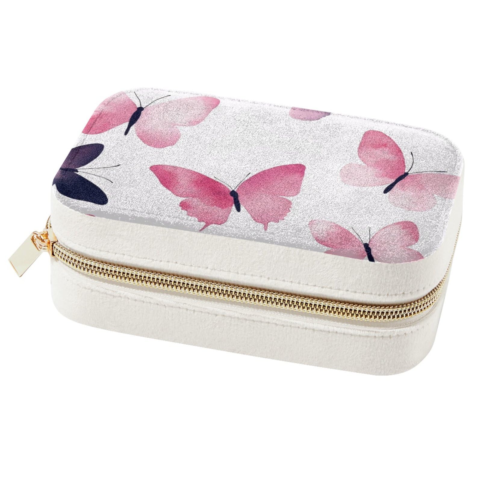 Boîte à bijoux portable papillons roses et noirs pour voyage