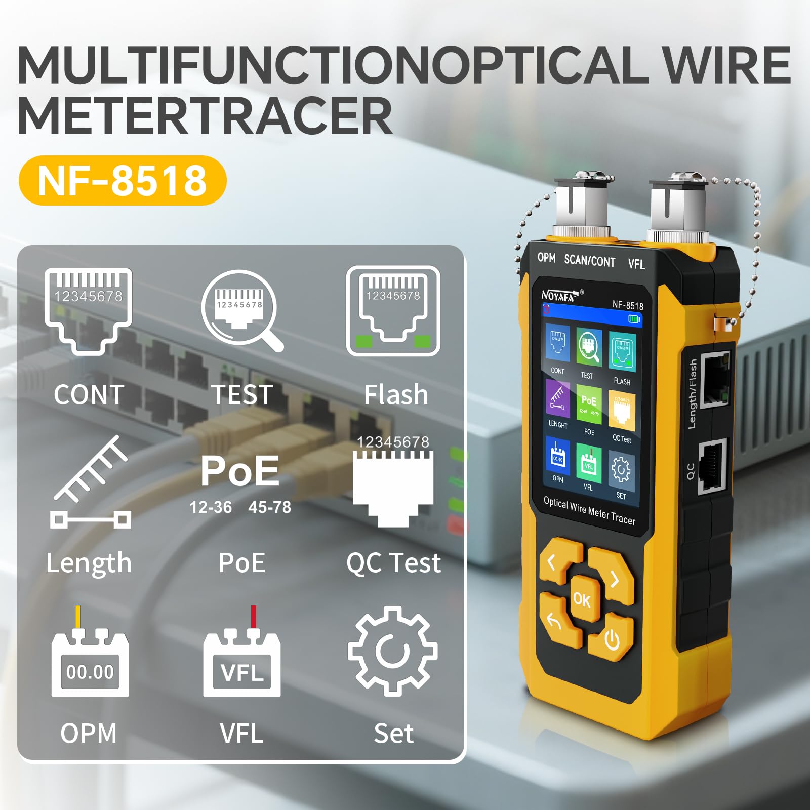 NOYAFA NF-8518 Netzwerkkabeltester mit optischem Leistungsmesser, Ethernet-Kabeltester, CAT6-Kabelortungsgerät, VFL-PoE-QC-Port-Flicker, Längenmessung, Glasfaser-Fehlerortungsgerät | Ethernet-Kabeltester, RJ45, CAT5, CAT6, Kabel-Tracker, NCV-PoE-QC-Port-F