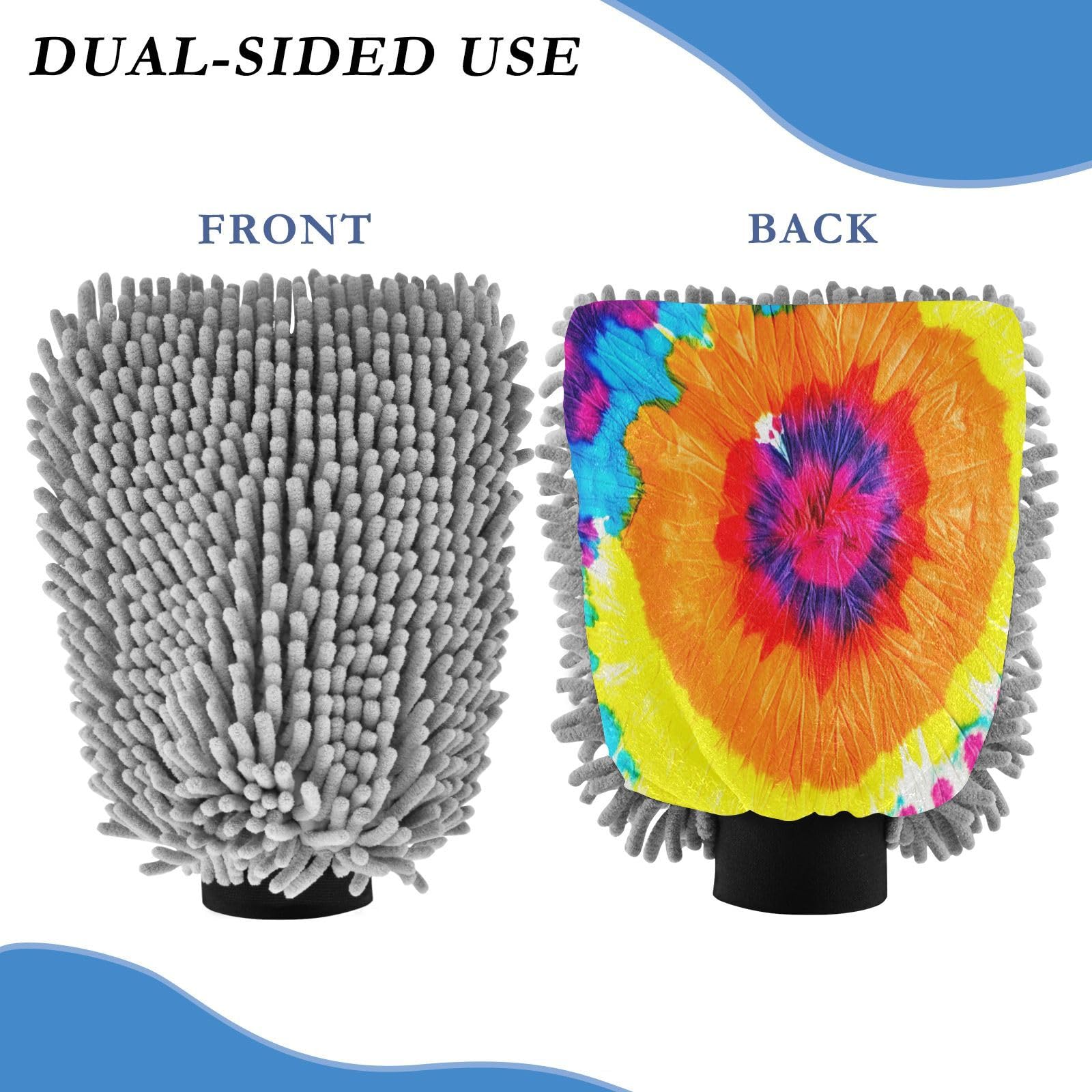 STAYTOP Rainbow Tie Dyeing Car Wash Mitt Microfiber, 2Pcs Scratch Free Lint-Free, Premium Chenille Microfiber Mitt Car Wash Brush-M