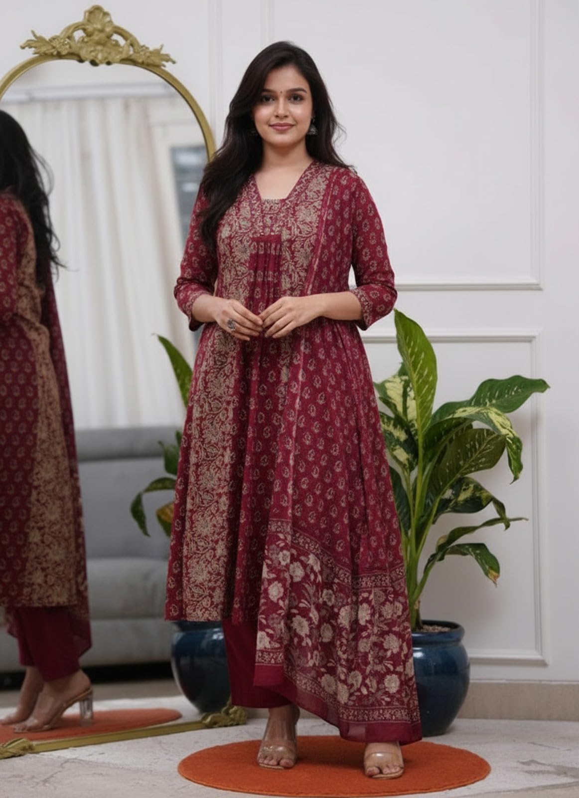 ANNI Designer Anarkali Kurta mit Hose und Dupatta für Damen, Rayon-Viskose, bedruckt