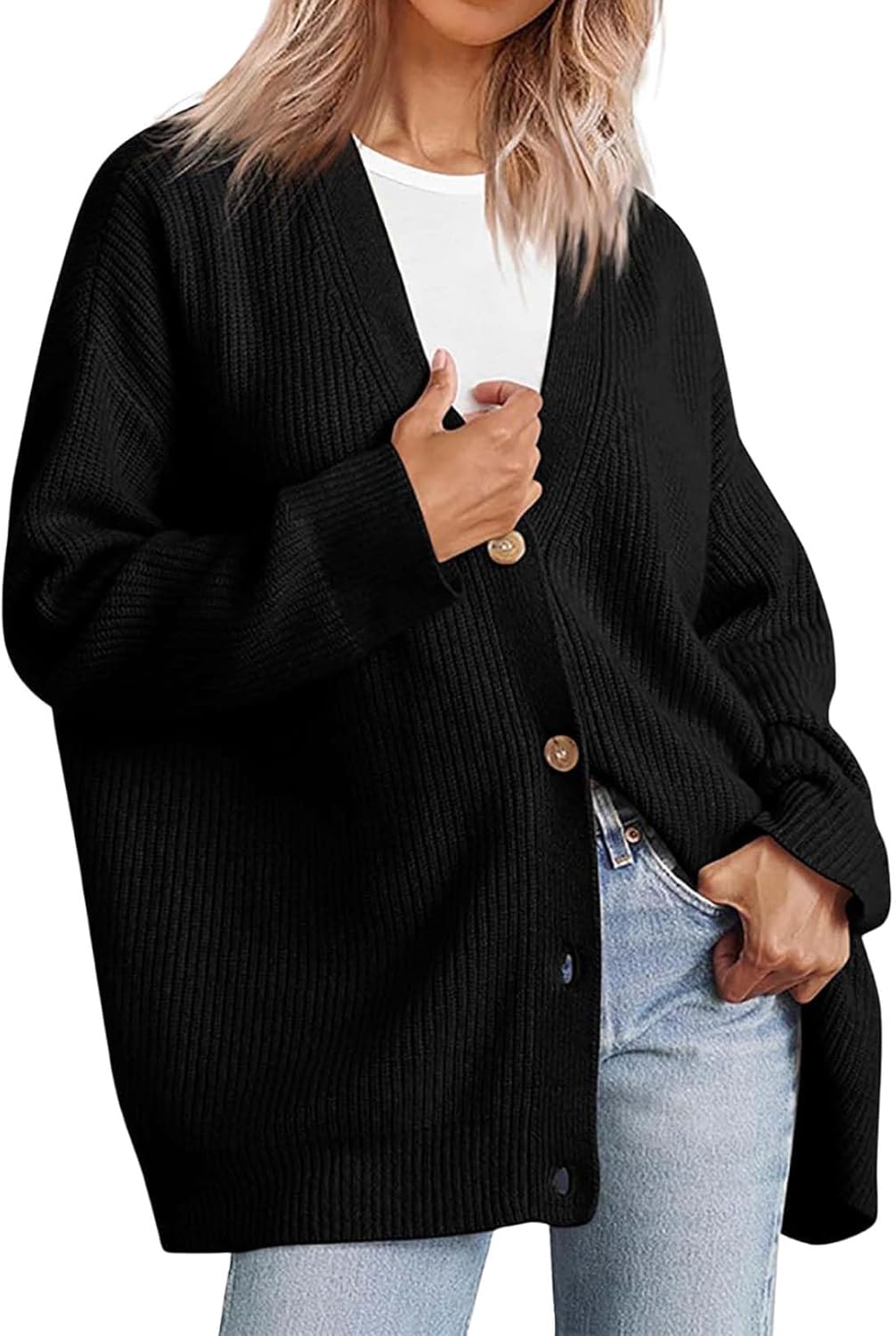 Womens Casual Open Front Sweater Classic Long Sleeve V Neck Cardigans Simple Solid ...