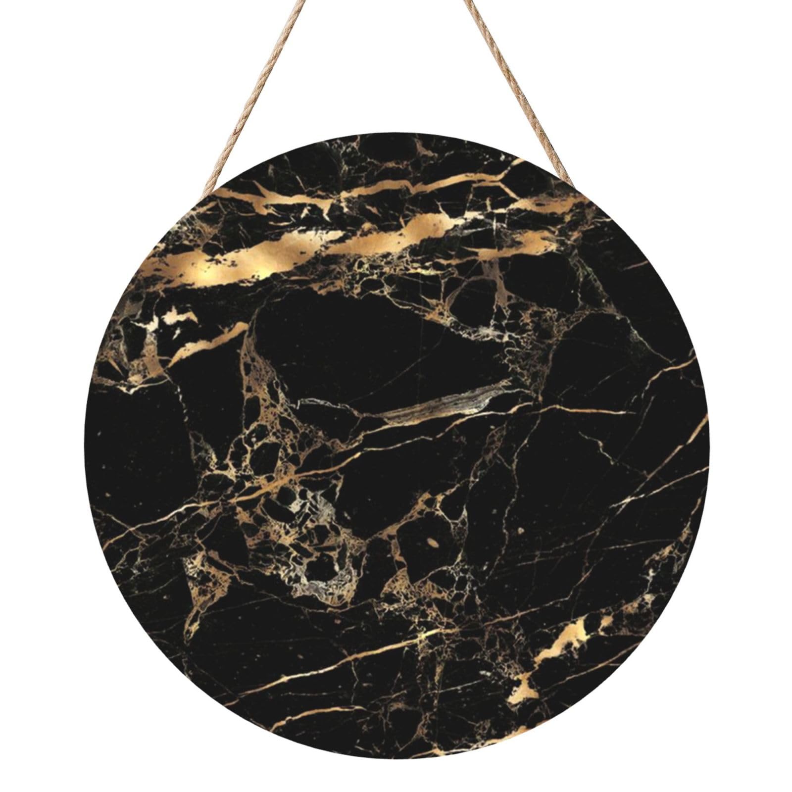 InOmak Marble Black Gold, Round Wood Panel Painting 12 in, Wall Hanging Painting For Home