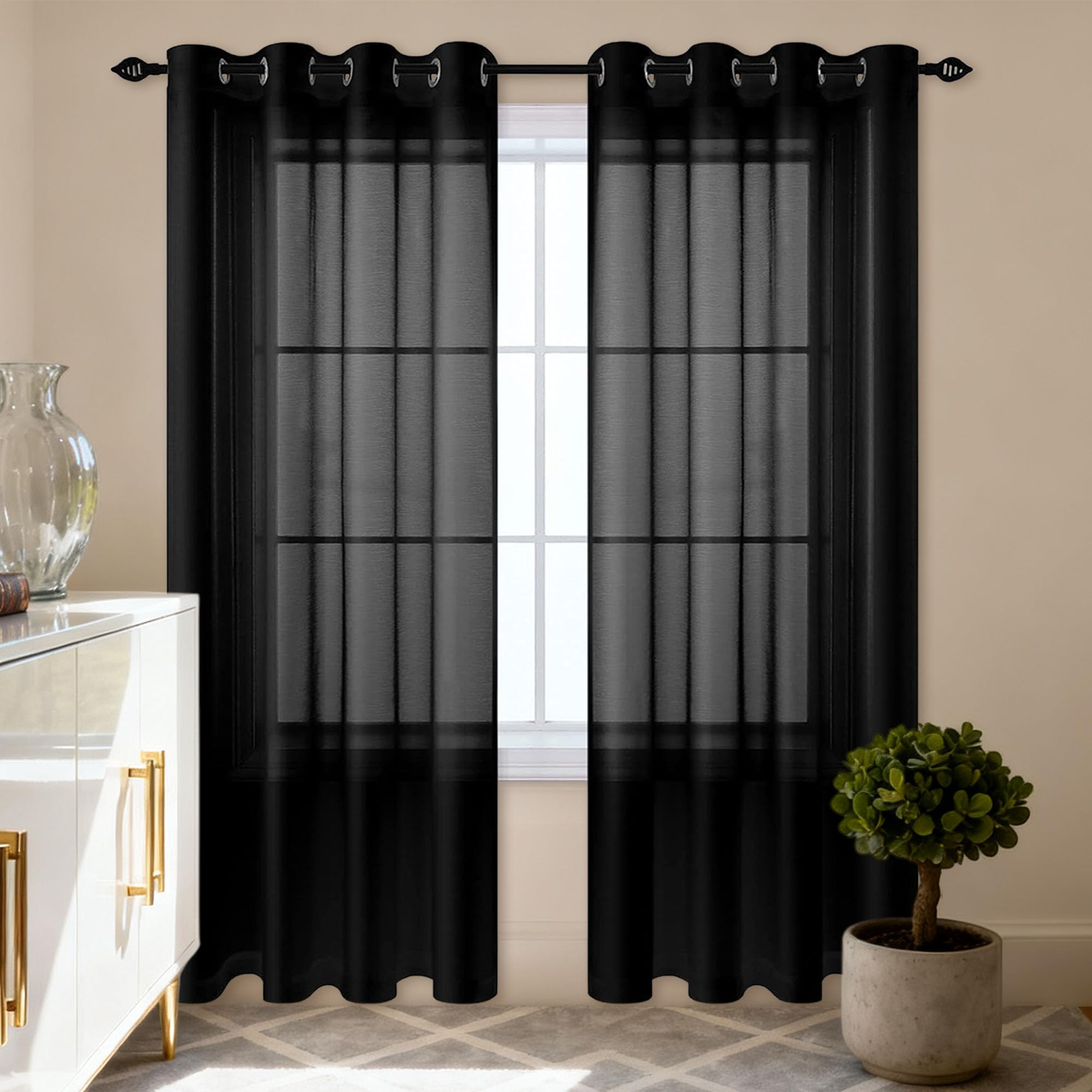 Rideaux voilages oeillet 220 x 110 cm noir pour fenêtres de salon moderne