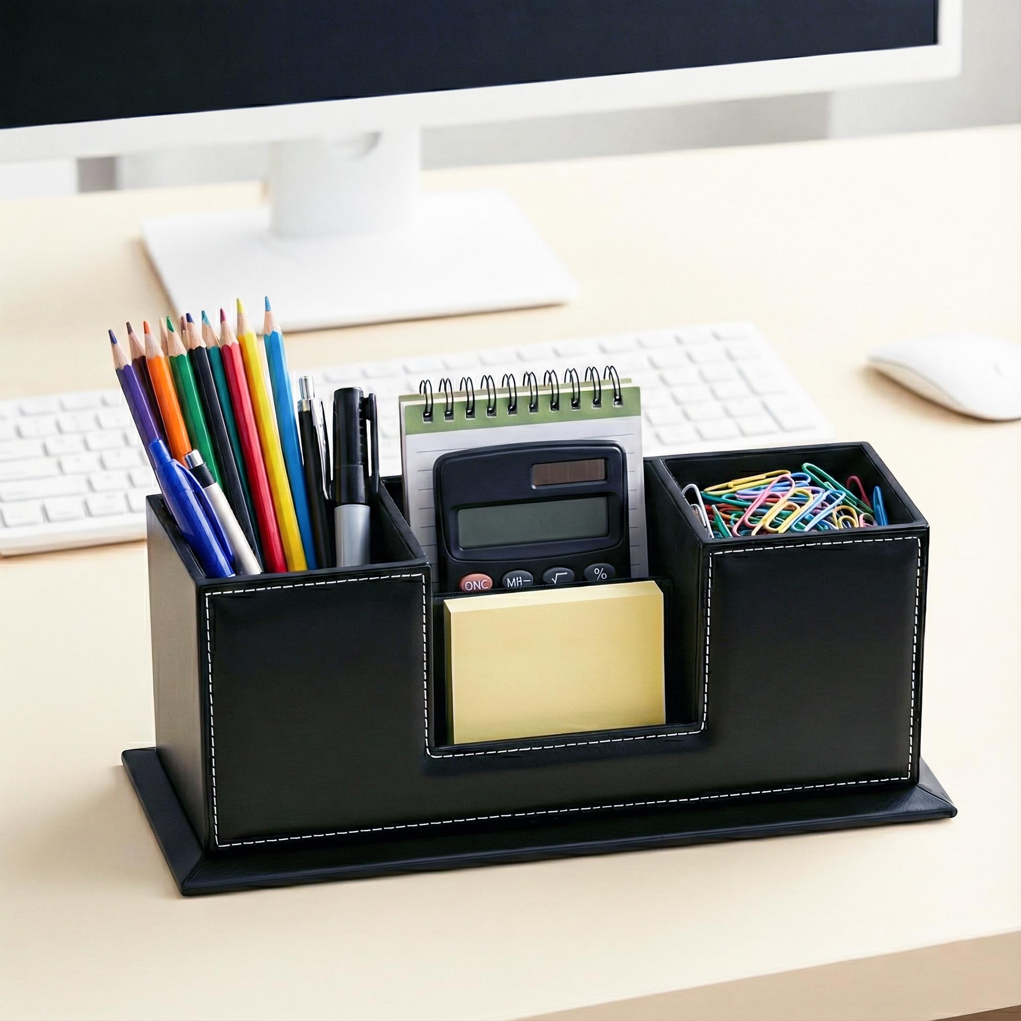 - 4 Compartment Leather Desk Organizer/Pen Stand with Card Holder | Multi Utility Stationery Holder Office Table/Remote/Mobile Stand | Black