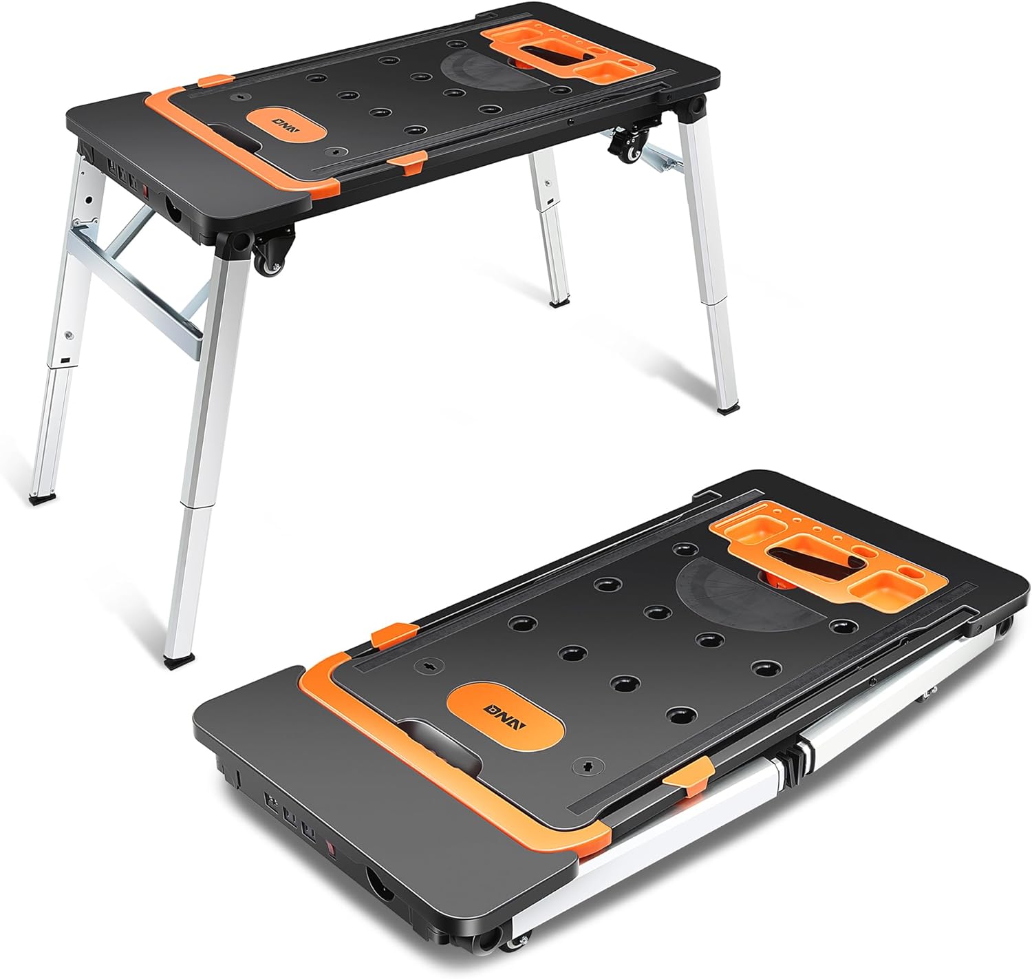 DNA MOTORING 7 in 1 Folding Heavy Duty Workbench as Work Bench, Car Creeper, Saw Horses, Dolly, Scaffold, Hand Truck, Platform for Warehouse Garage, W/ 4 Wheels, Black, Tools-00526