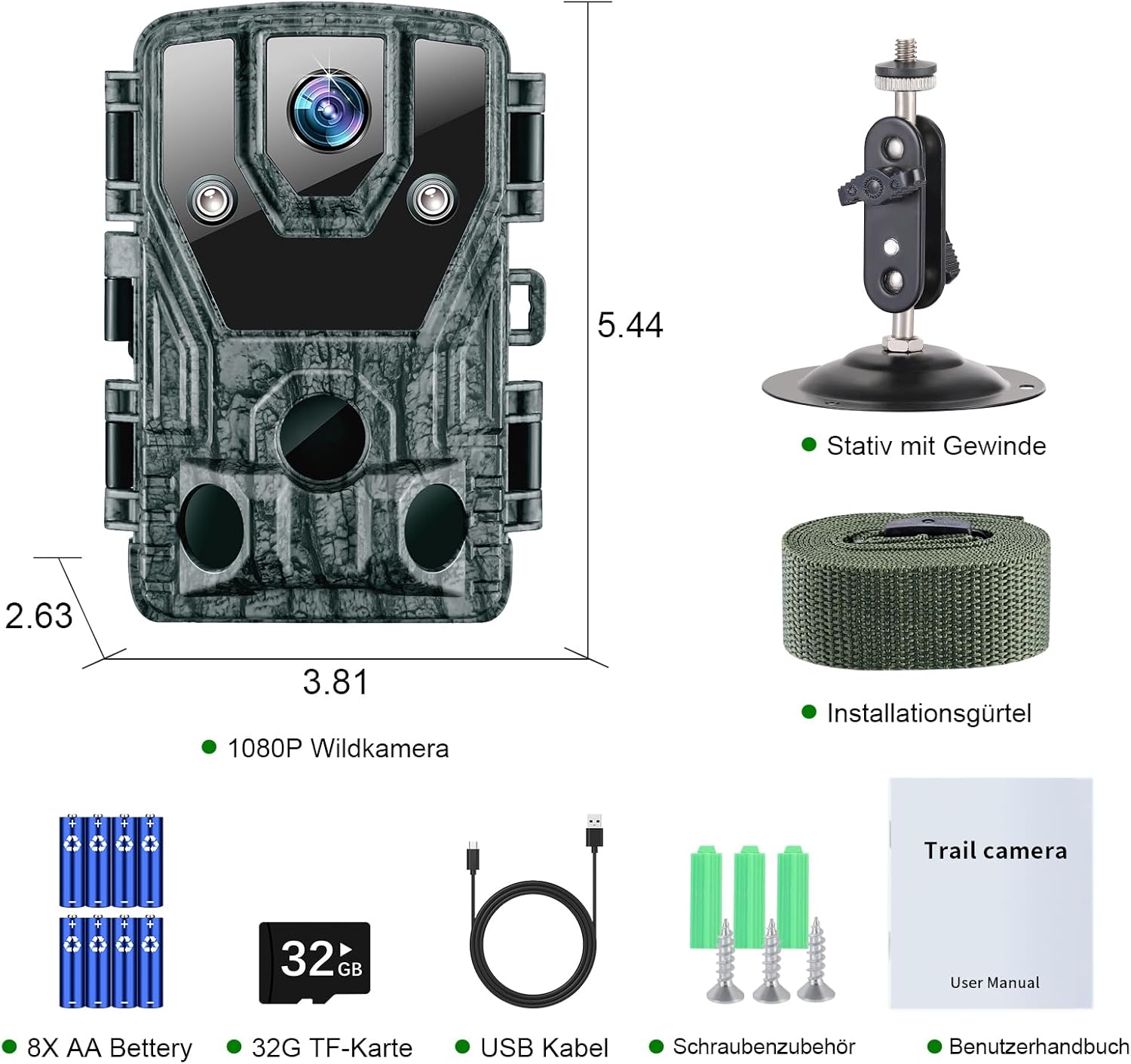 KJK LCK226 Trail Camera with dimensions and mounting accessories including a tripod mount and installation strap.