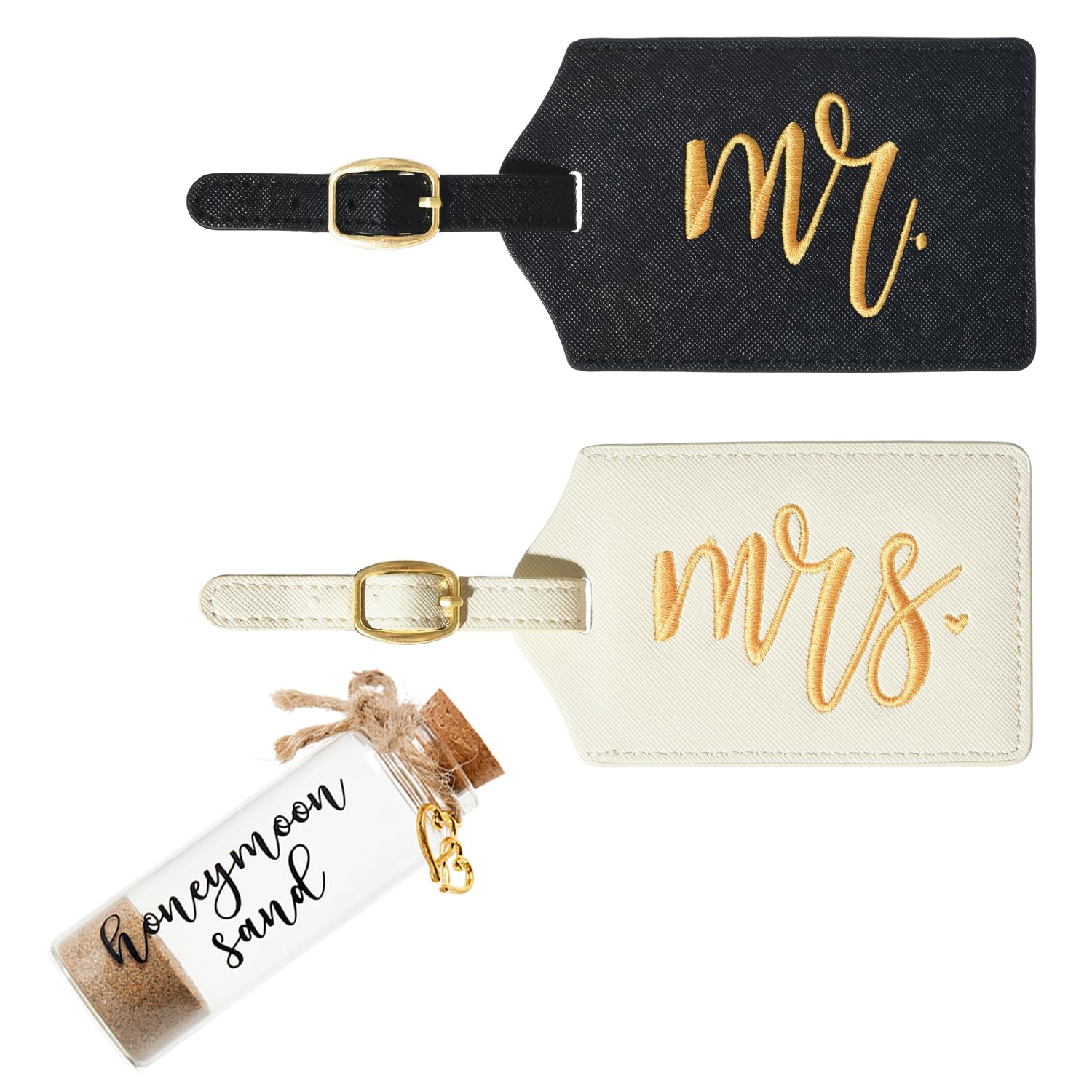 Mr. & Mrs. Luggage Tags & Honeymoon Beach Sand Keepsake Set, Wedding, Bridal Shower, Engagement Gifts for Couples (Black Gold Mr+White Gold Mrs+Honeymoon Sand)