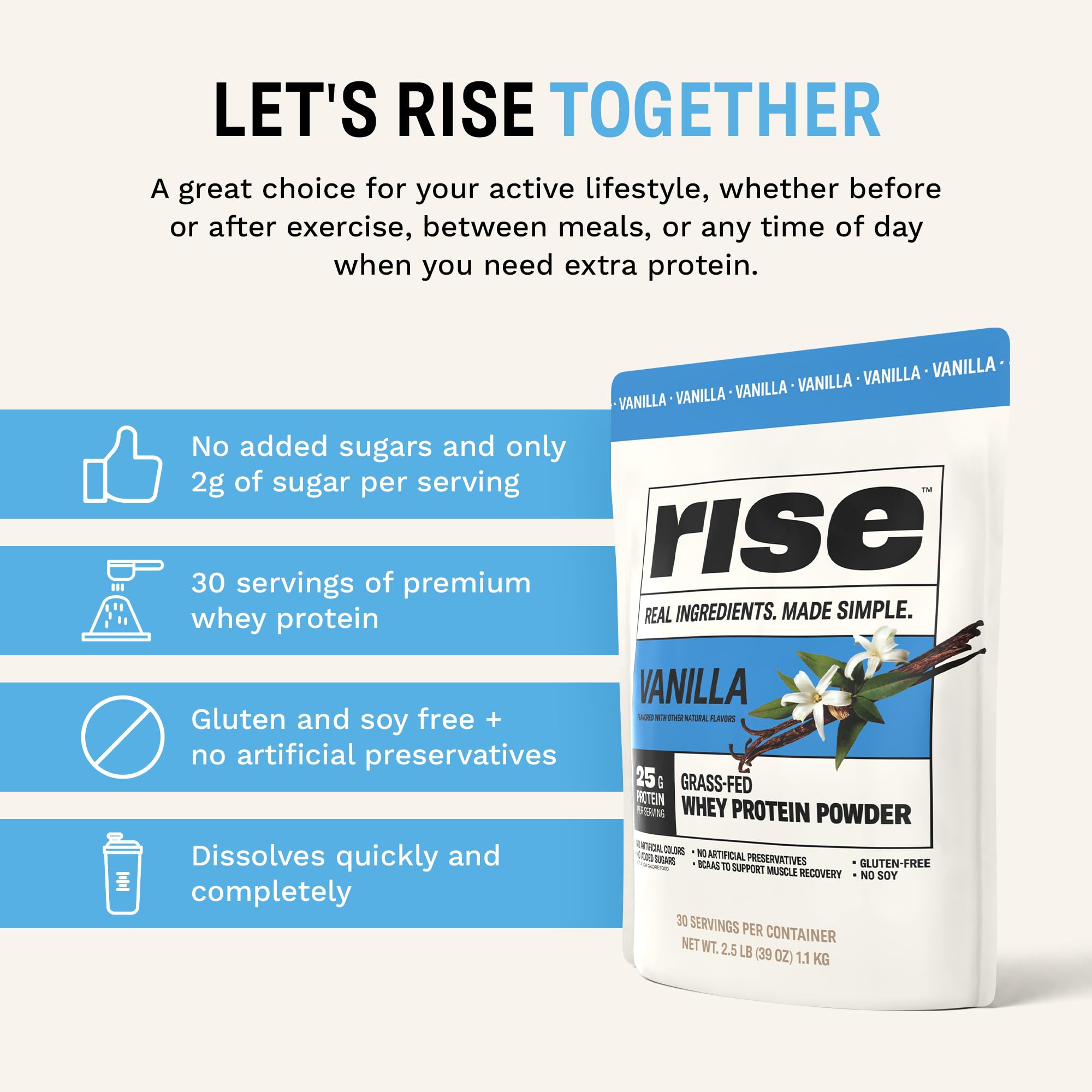 Rise Grass-Fed Whey Protein Powder - Vanilla | 25g Protein No Artificial Flavors, Colors, or Preservatives - Sugar Free, Gluten-Free, Soy Free (2.5 lbs) — Amazon image 6