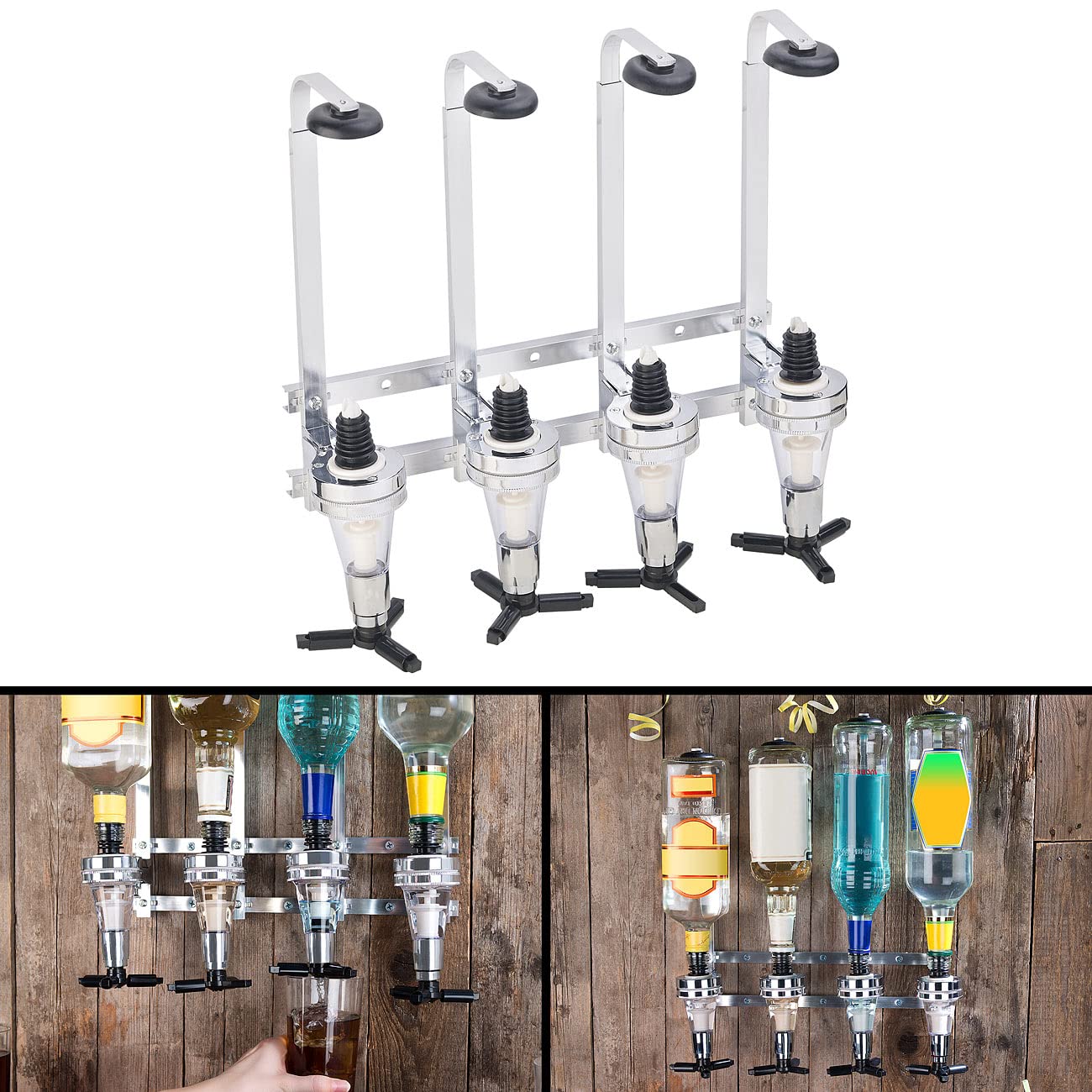 Rosenstein & Söhne Flaschenbutler: 2er-Set Aluminium-Flaschenhalter und Dosierer, je 4-fach, Wandmontage (Barflaschenhalter, Flaschenhalter mit Portionierer, Flaschenöffner)