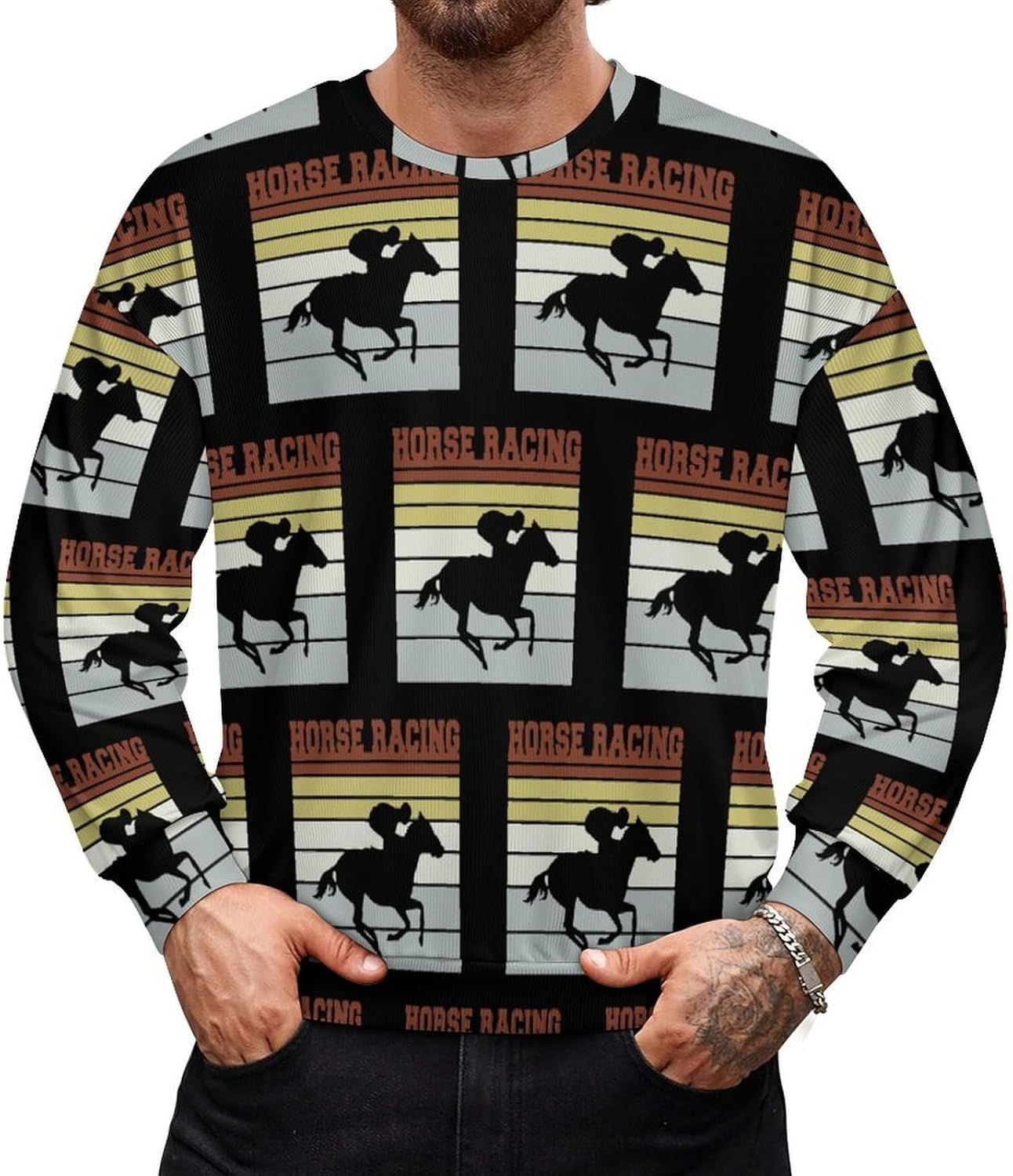Vintage Horse Racing Team Men's Sweatshirt Crewneck Pullover Long Sleeve T Shirts Top