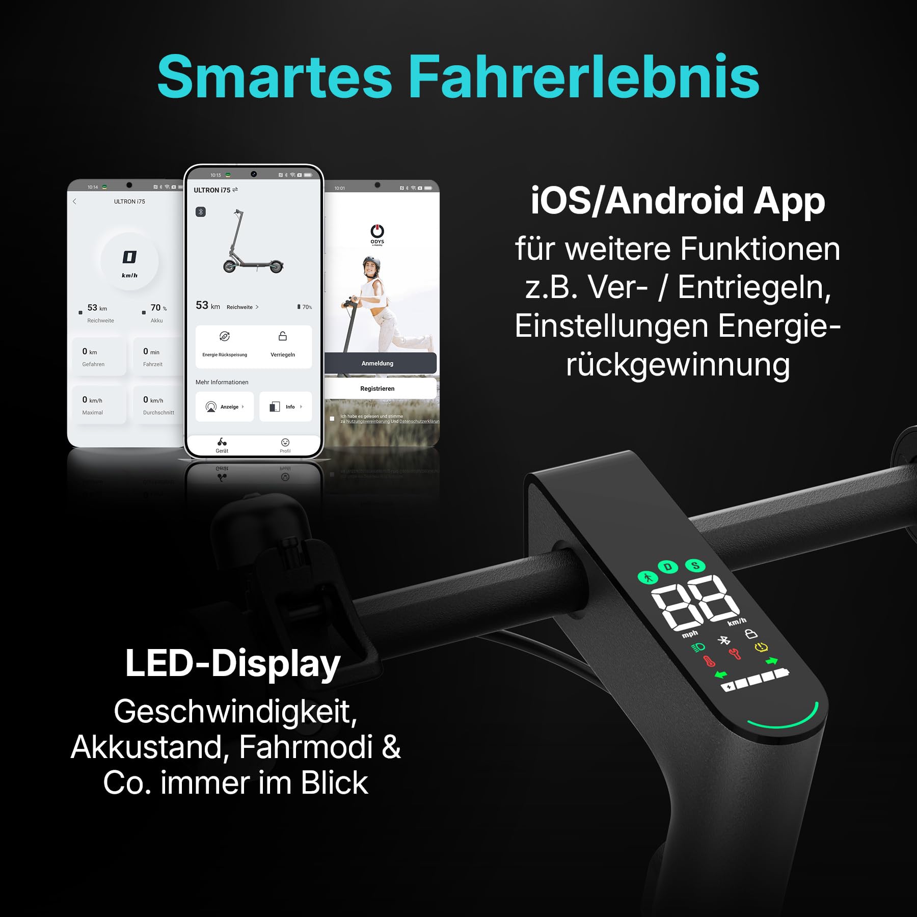 Odys E-Scooter mit Straßenzulassung und Blinker (je nach Modell bis zu 75 km Reichweite & bis zu 25% Steigung, max. 20km/h, klappbar) E-Roller mit Straßenzulassung Elektroscooter Elektroroller