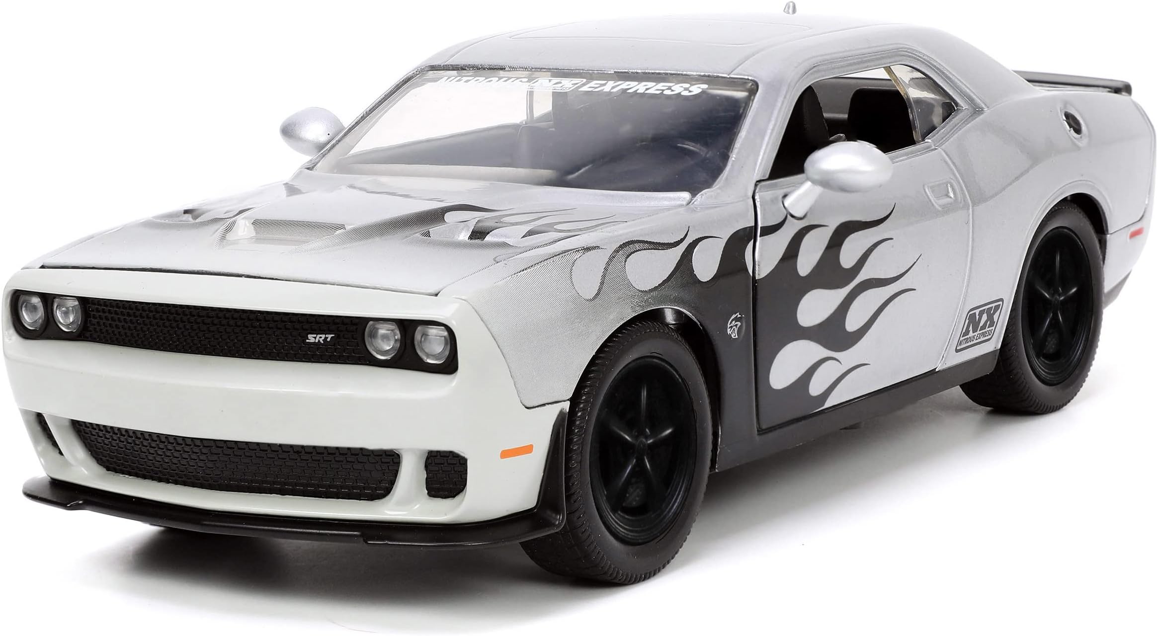 Toys Big Time Muscle 1:24 2015 Dodge Challenger SRT Hellcat Die-cast Car Silver/Black Flames, Toys for Kids and Adults