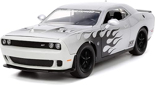Jada Toys Big Time Muscle 1:24 2015 Dodge Challenger SRT Hellcat - Coche fundido a presión en plata/negro llamas, juguetes para niños y adultos