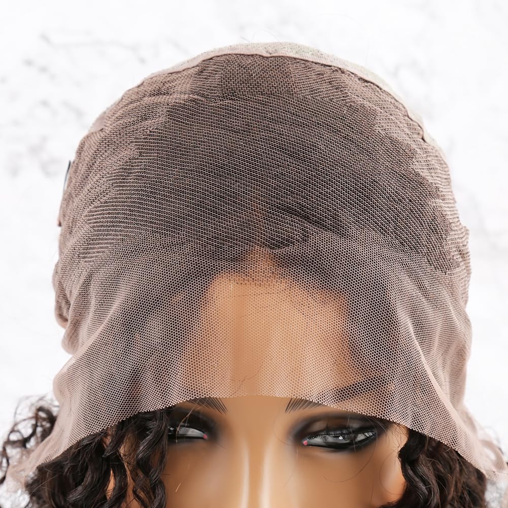 Bella Hair Full Lace Bob Wig Remy Virgin Human Hair Italian Curly, 200% Density Glueless Lace Wig With Hair Bangs (Dyeable Natural Color 14 inch)