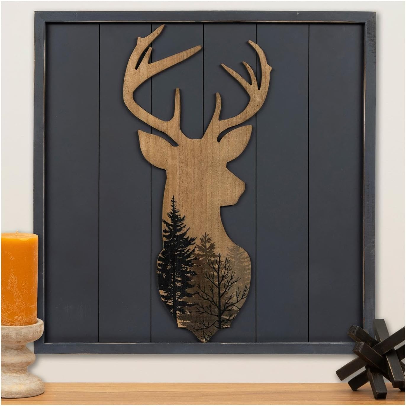 Hobby Lobby Deer Wall Art with Forest Scene, 24 x 24 inch Square Wood Panel, Gray-Blue and Brown, Farmhouse Wall Decor, Cabin, Game Room, Man Cave